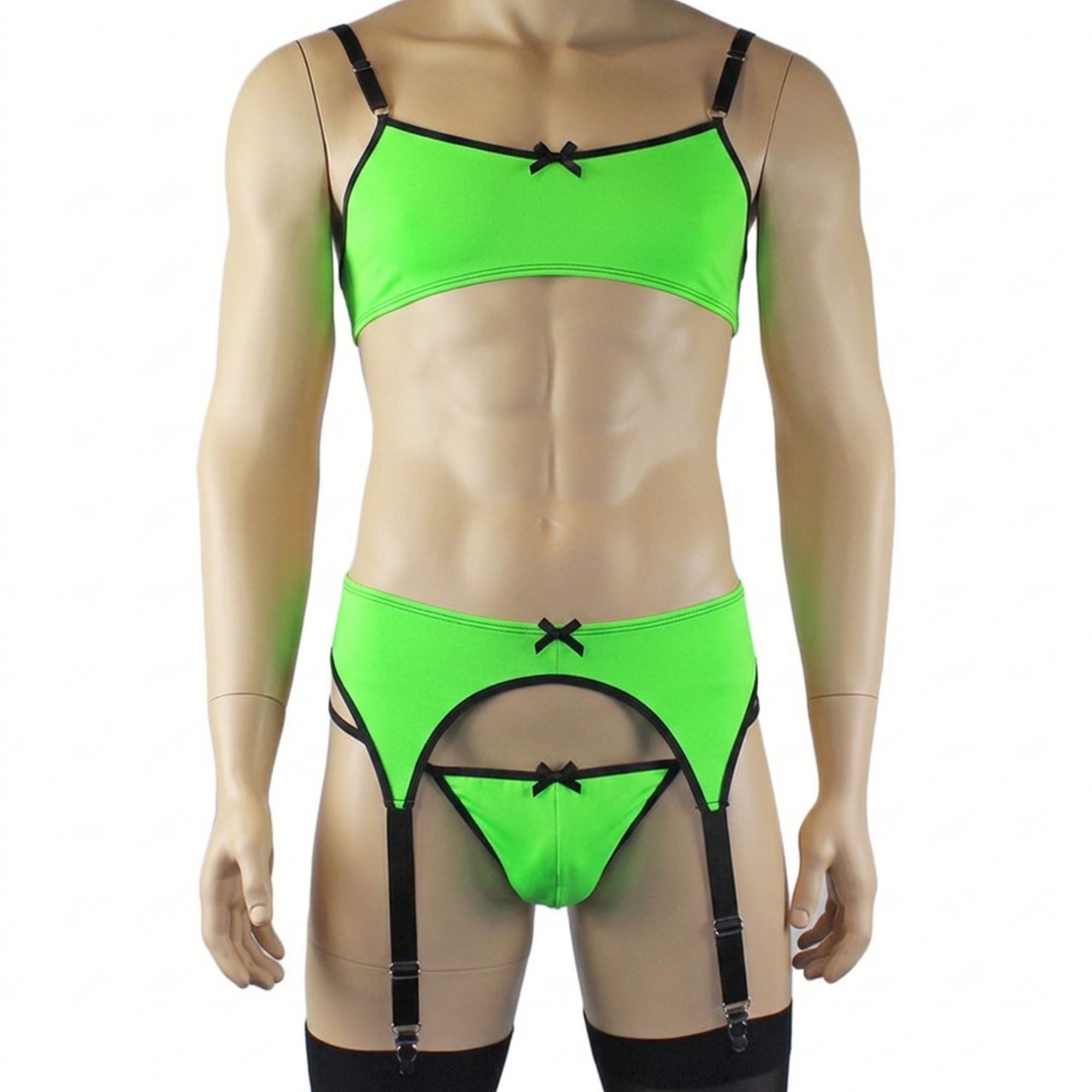 Mens Jenny Shiny Spandex Bra Top, G string and Garterbelt Lingerie Neon Green & Black