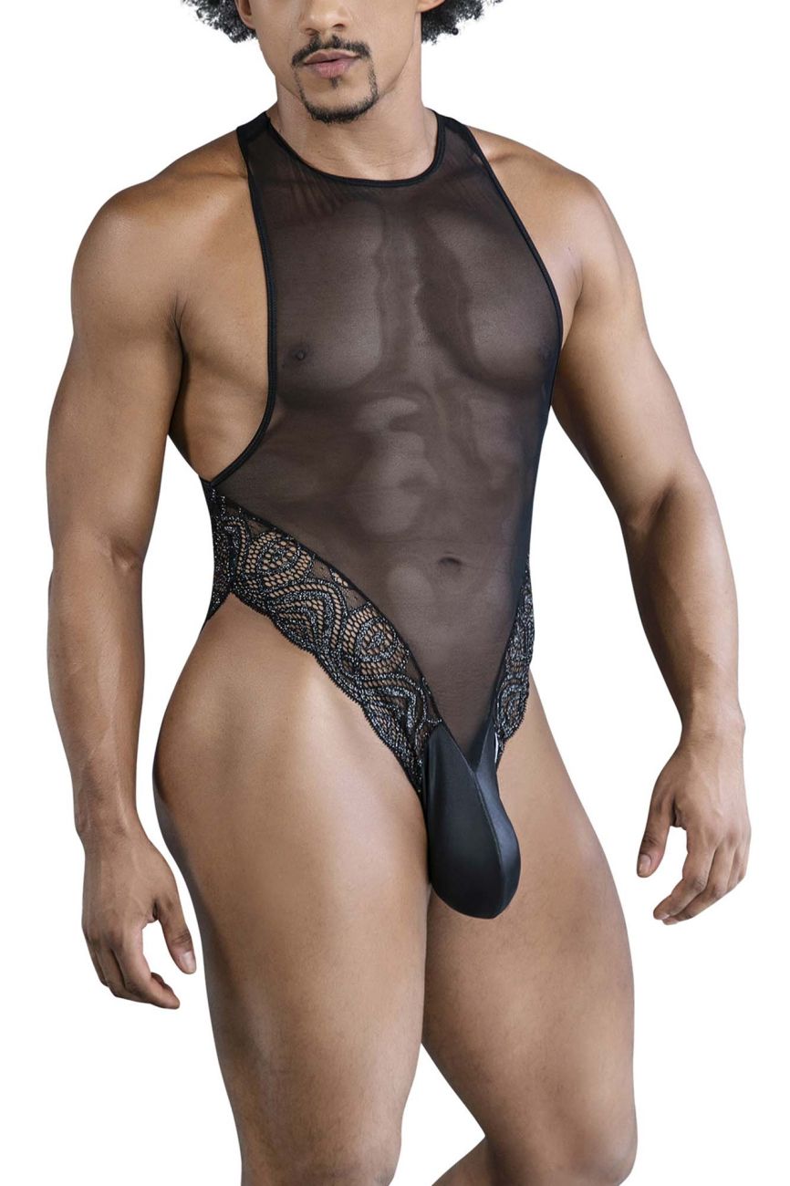 CandyMan 99864 Mens Sheer See-through Lace-Mesh Bodysuit Black