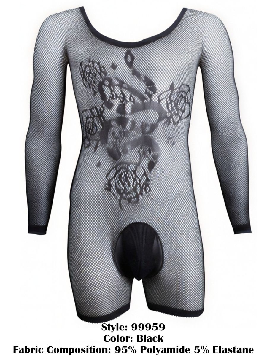 CandyMan 99959 Mens Stretch Fishnet Bodysuit with Graphic Tattoo Print Black