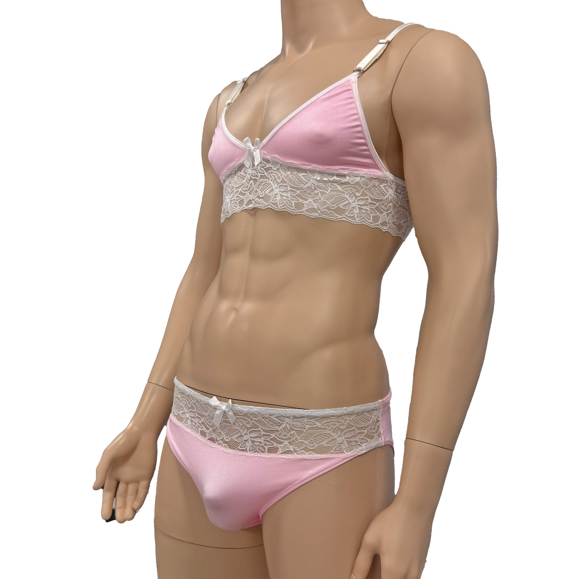 Mens Jackie & Lace Bra Top and Seamless Front Brief Light Pink & White Lace