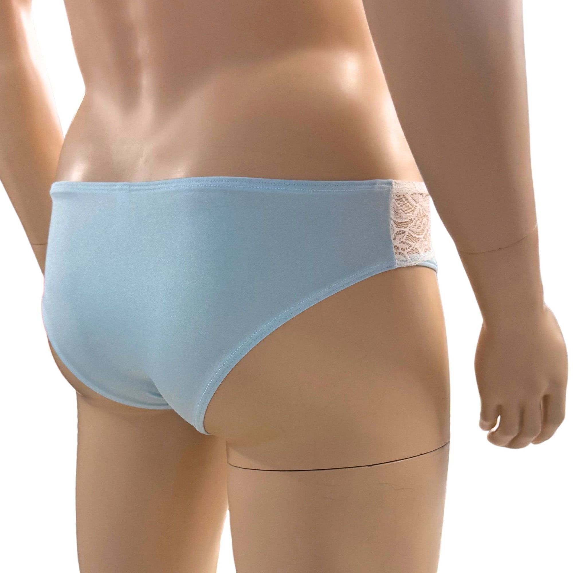 Mens Jackie & Lace Bra Top and Seamless Front Brief Light Blue & White Lace
