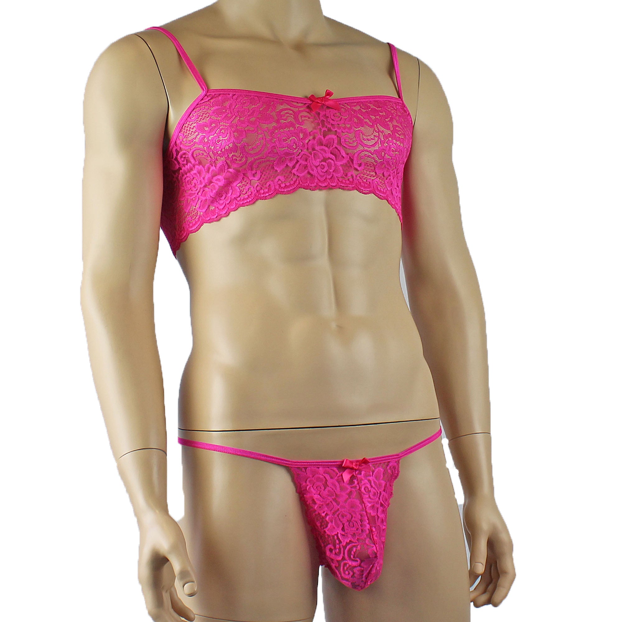 Mens Rebecca Pretty Floral Lingerie Lace Bra Top, Open Garter Boxer Shorts with G string Hot Pink