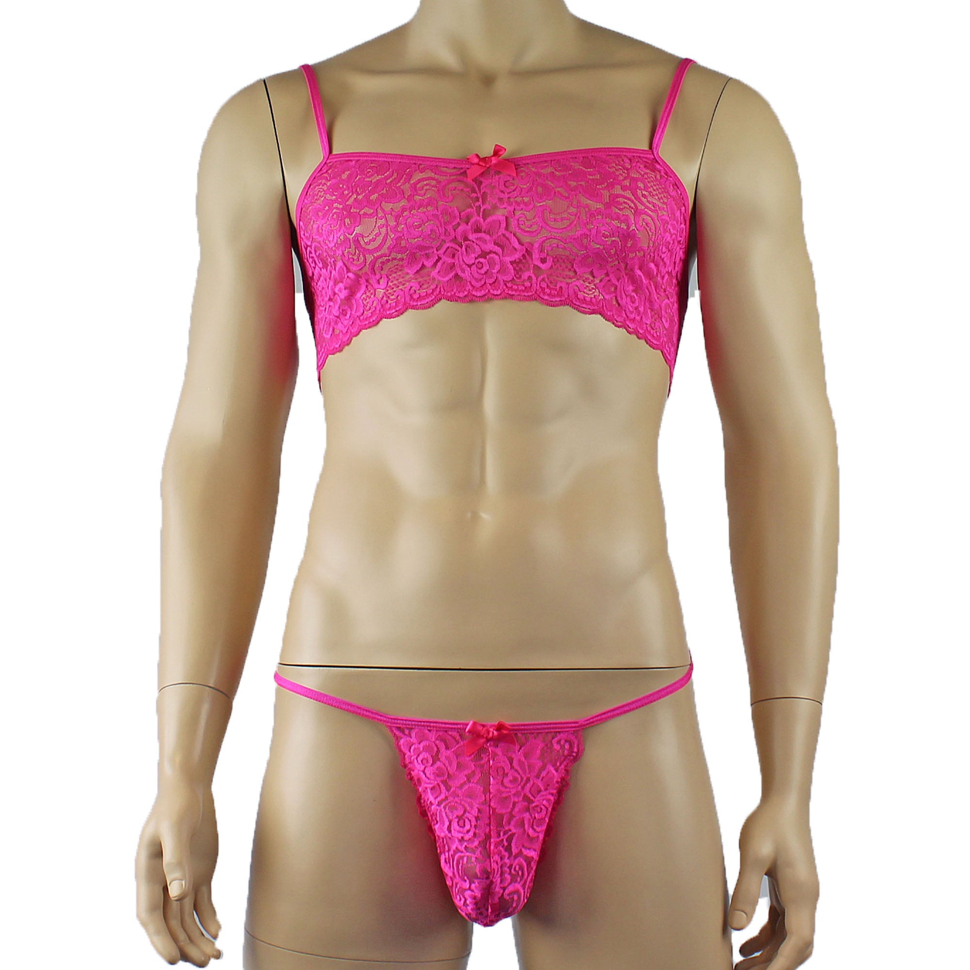 Mens Rebecca Pretty Floral Lingerie Lace Bra Top, Open Garter Boxer Shorts with G string Hot Pink