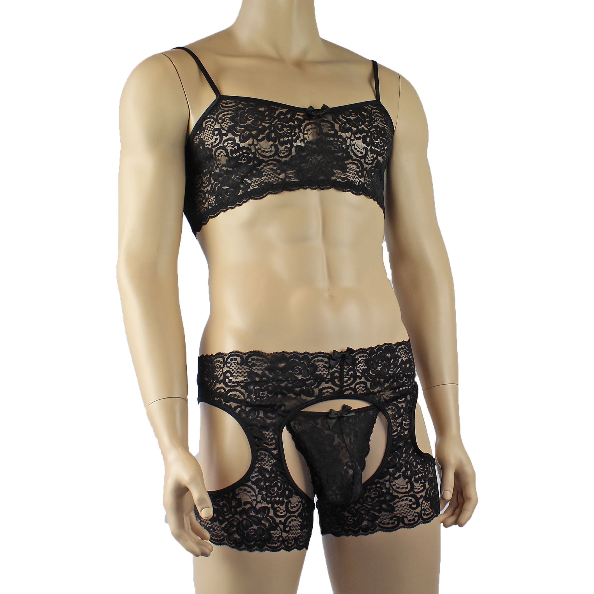 Mens Rebecca Pretty Floral Lingerie Lace Bra Top, Open Garter Boxer Shorts with G string Black