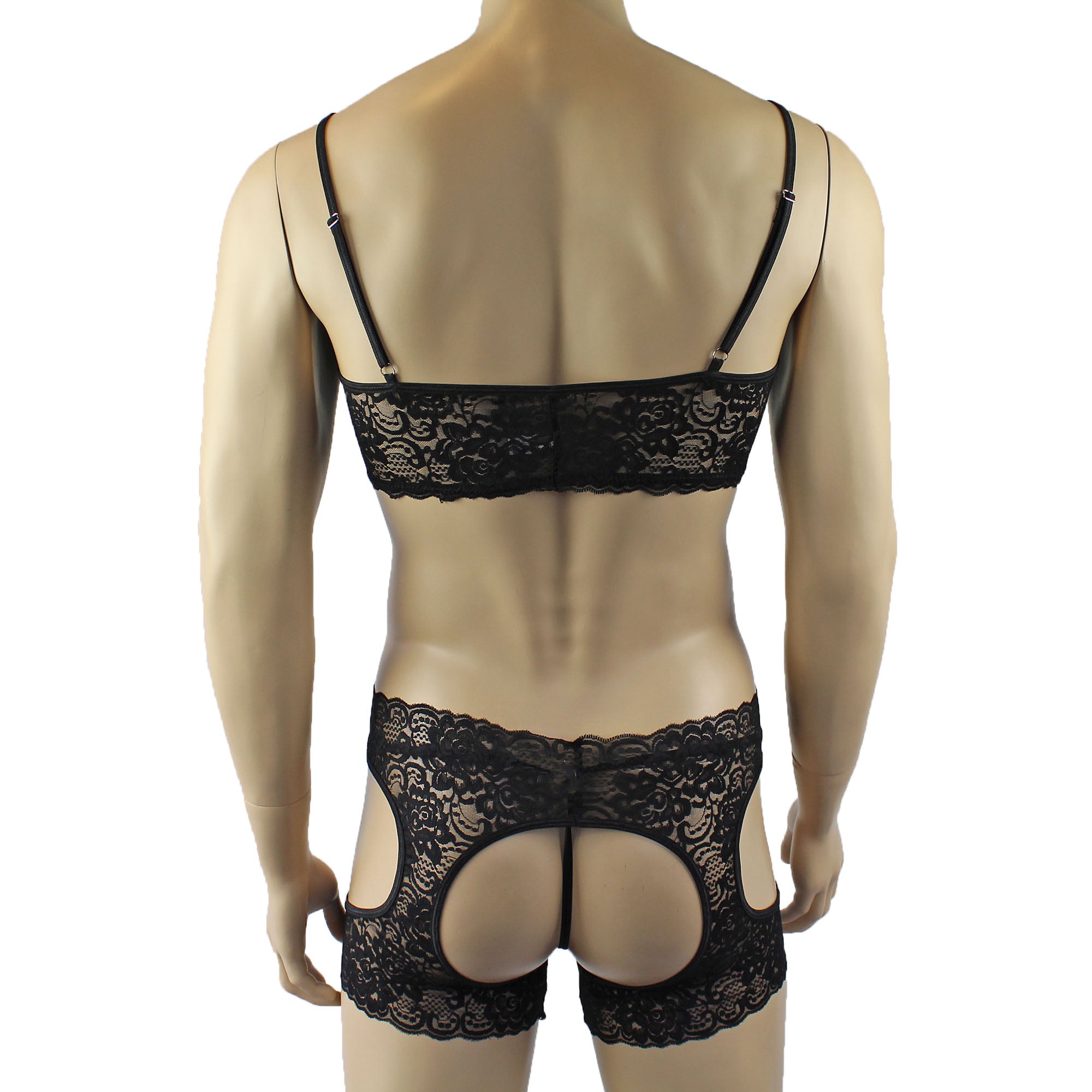 Mens Rebecca Pretty Floral Lingerie Lace Bra Top, Open Garter Boxer Shorts with G string Black