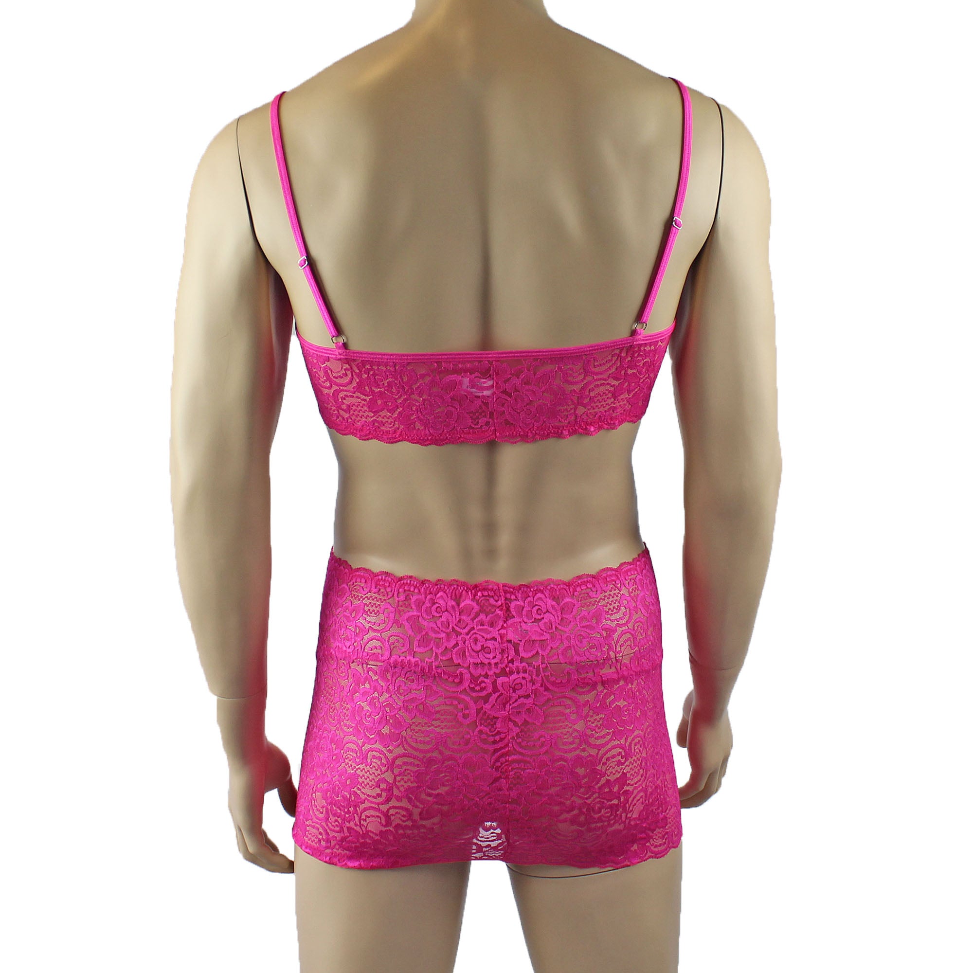 Mens Rebecca Pretty Floral Lingerie Lace Bra Top, Micro Mini Skirt and G string Hot Pink