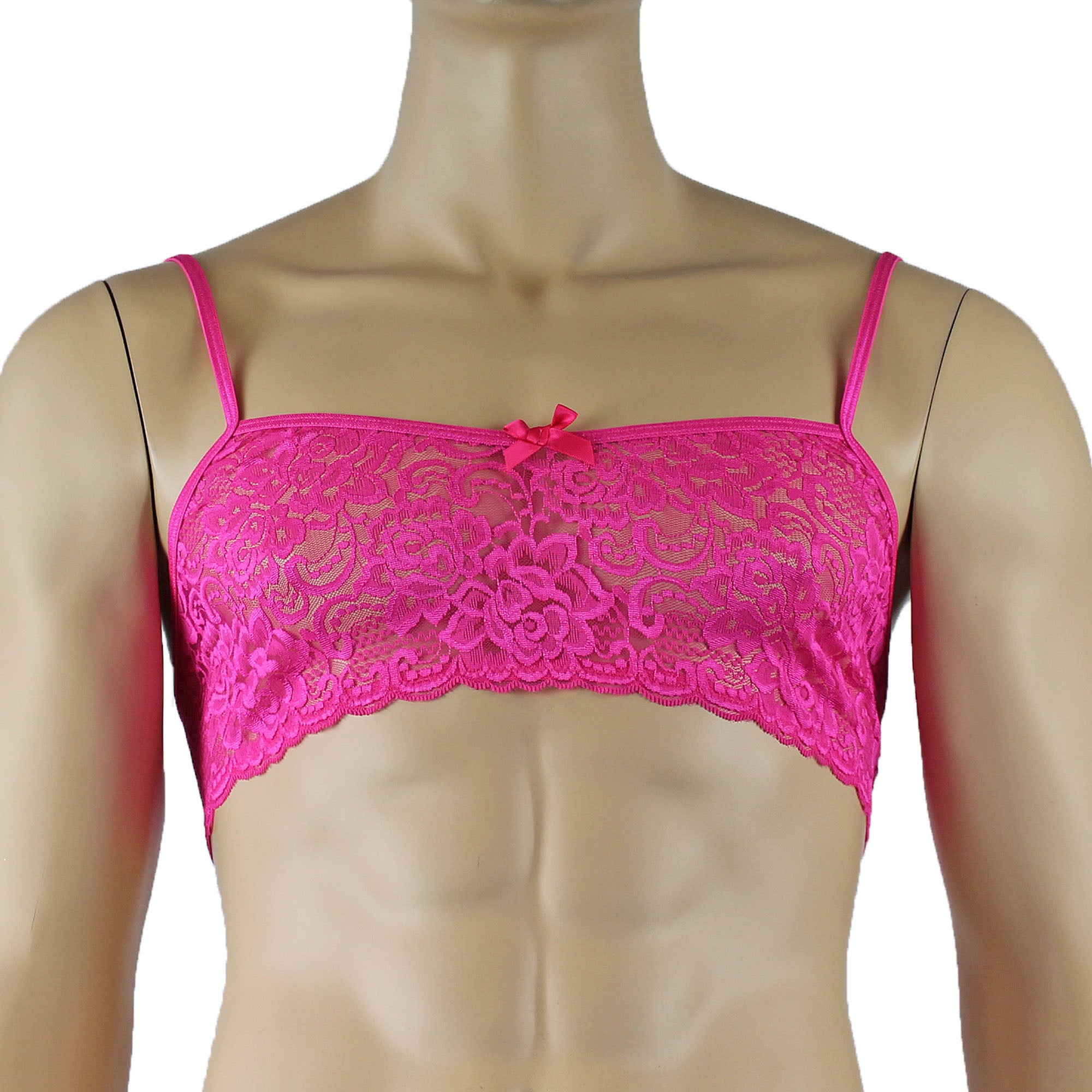 Mens Rebecca Pretty Floral Lingerie Lace Bra Top, Open Garter Boxer Shorts with G string Hot Pink