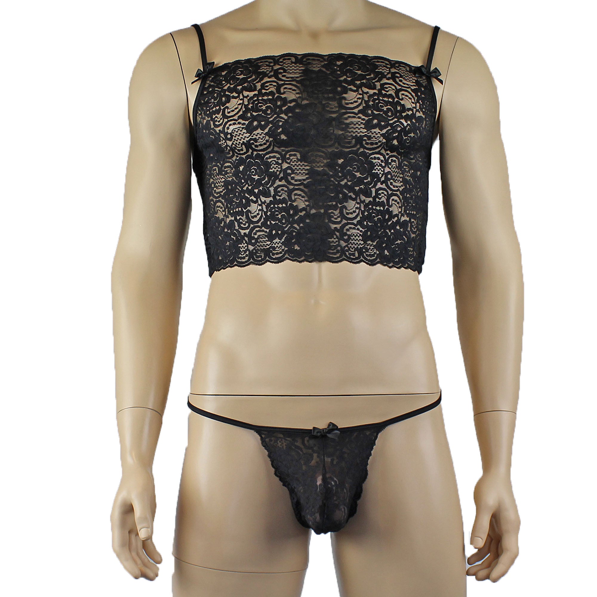 Mens Rebecca Pretty Floral Lingerie Lace Camisole Top with G string Black