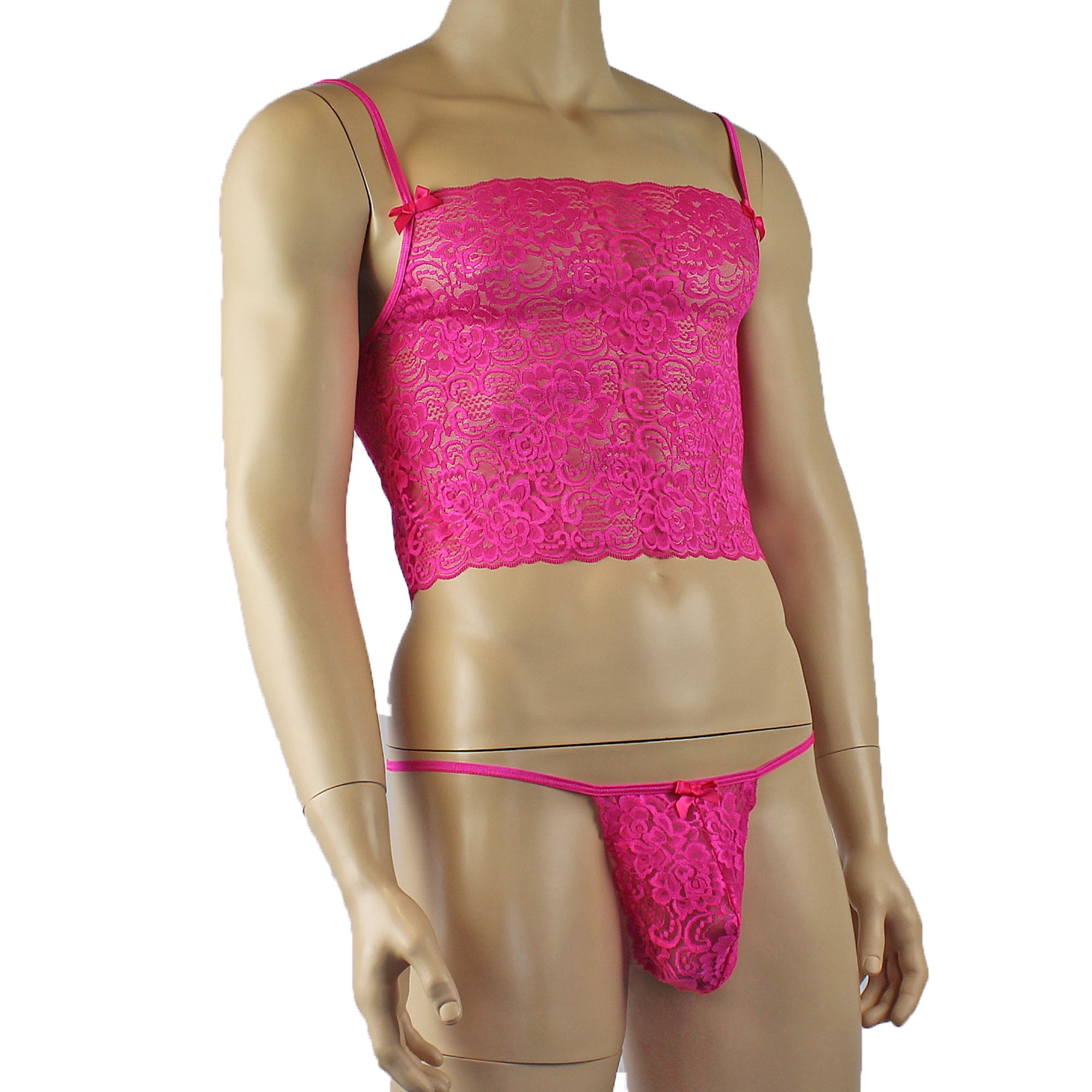 Mens Rebecca Pretty Floral Lingerie Lace Camisole Top with G string Hot Pink