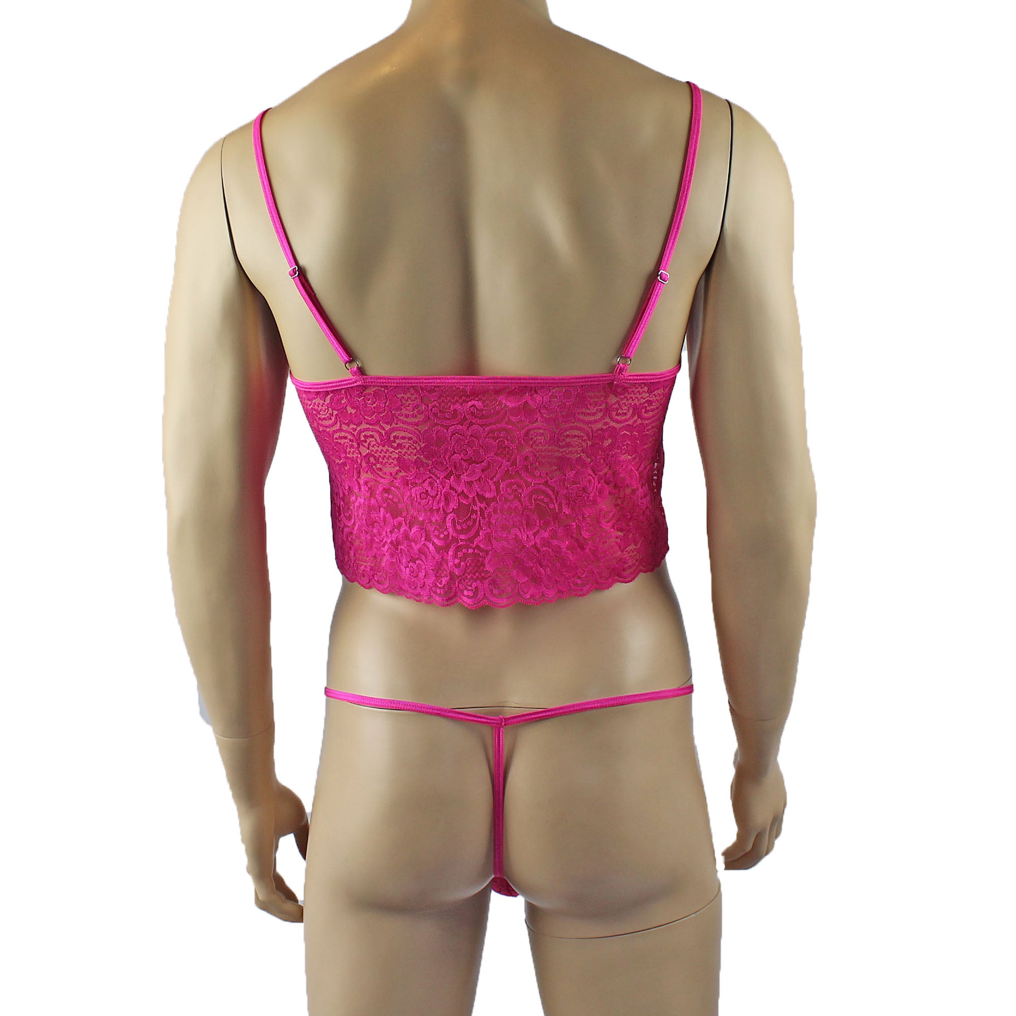 Mens Rebecca Pretty Floral Lingerie Lace Camisole Top with G string Hot Pink