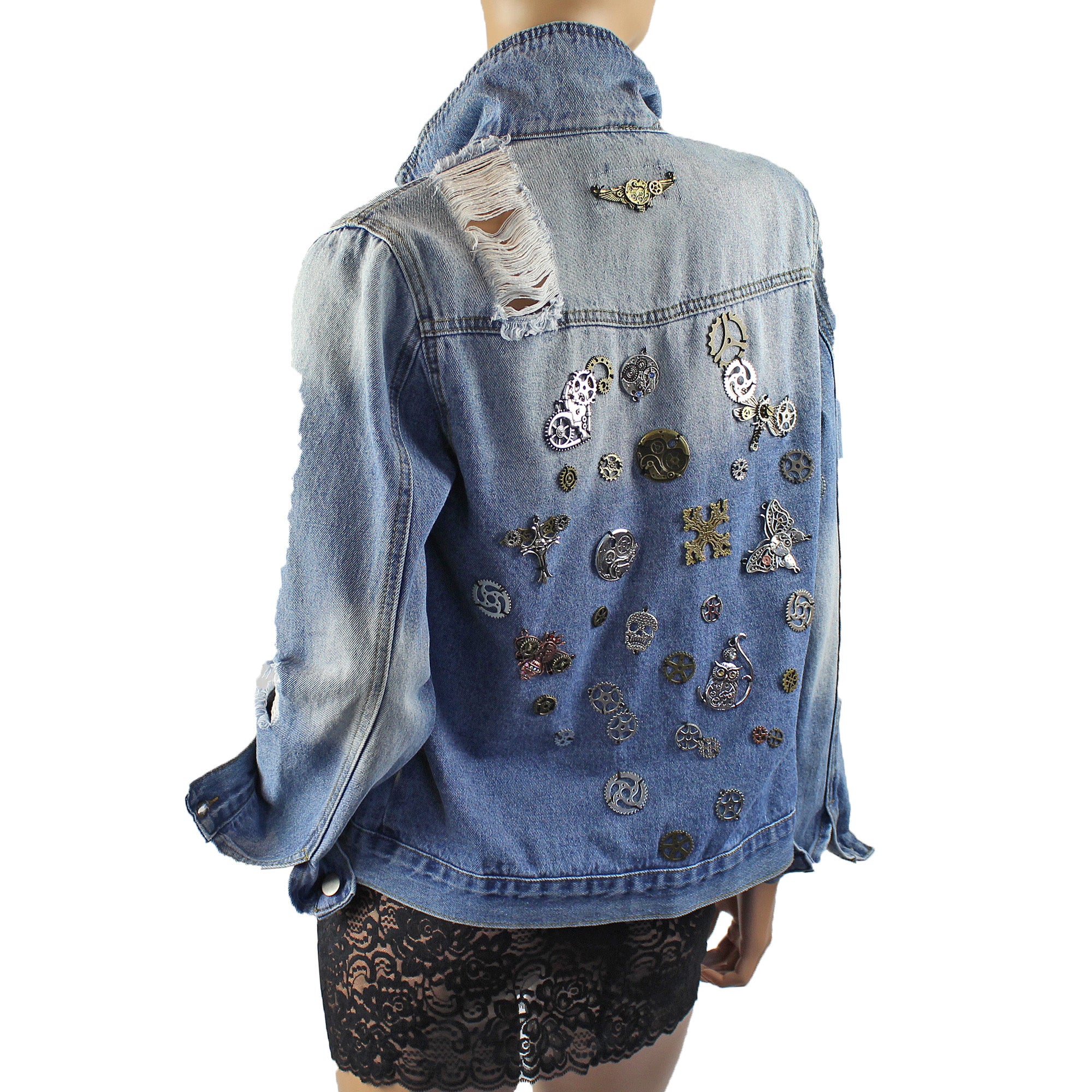 Jenni Re-Designed Denim Jacket with Metal Streampunk Embellishments & Distressed Look