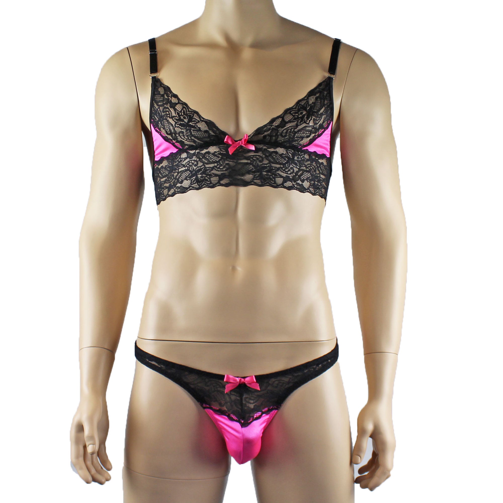 Mens Joanne Lace Bra Top Lingerie and Thong for Men Hot Pink and Black Lace
