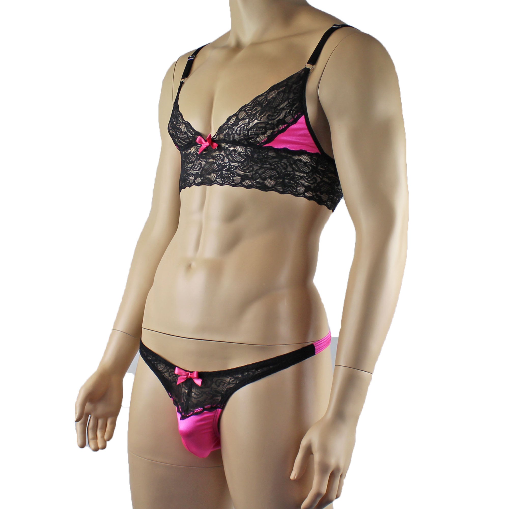 Mens Joanne Lace Bra Top Lingerie and Thong for Men Hot Pink and Black Lace