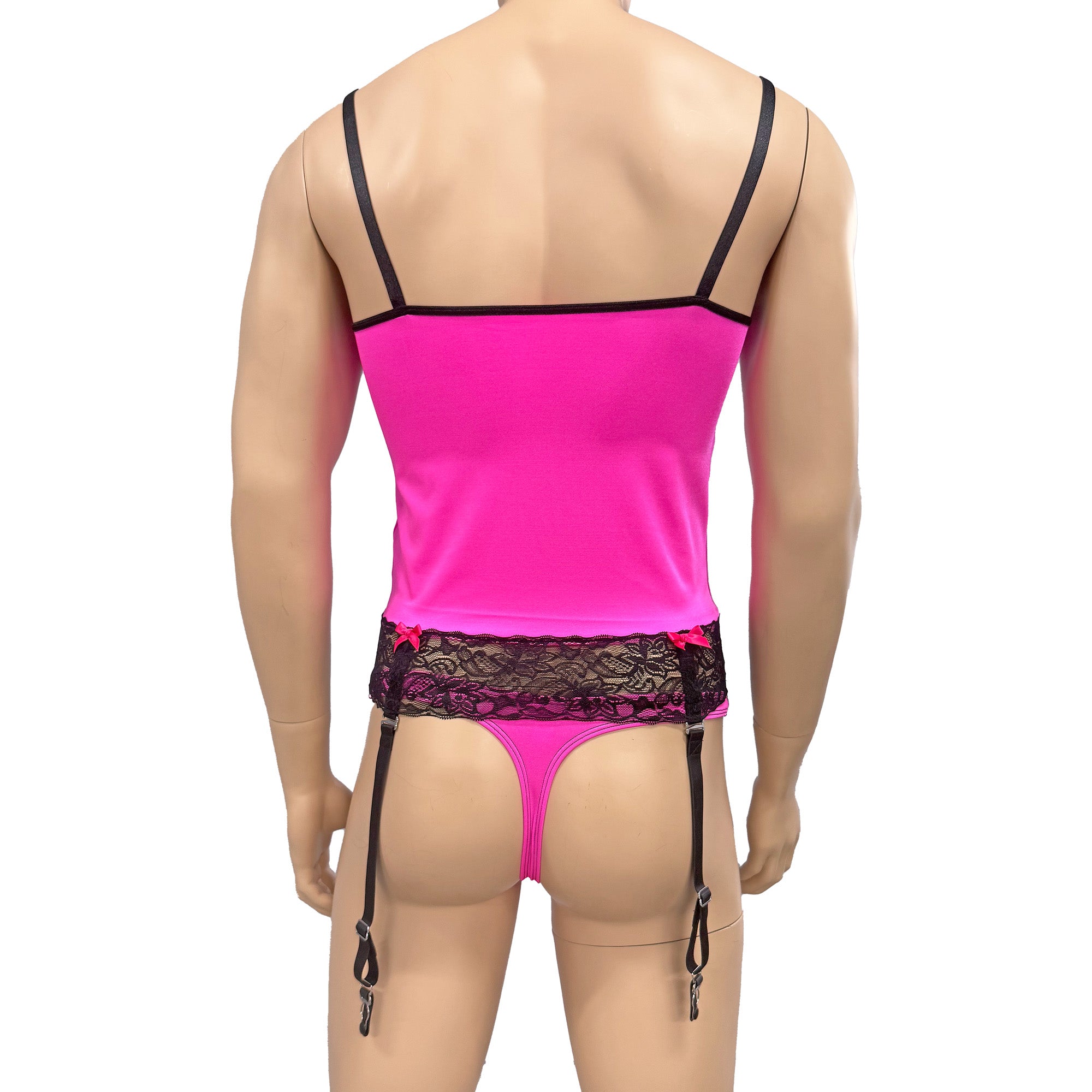 Mens Joanne Camisole Bustier Garter Top with Thong & Stockings - Sizes up to 3XL Hot Pink and Black Lace