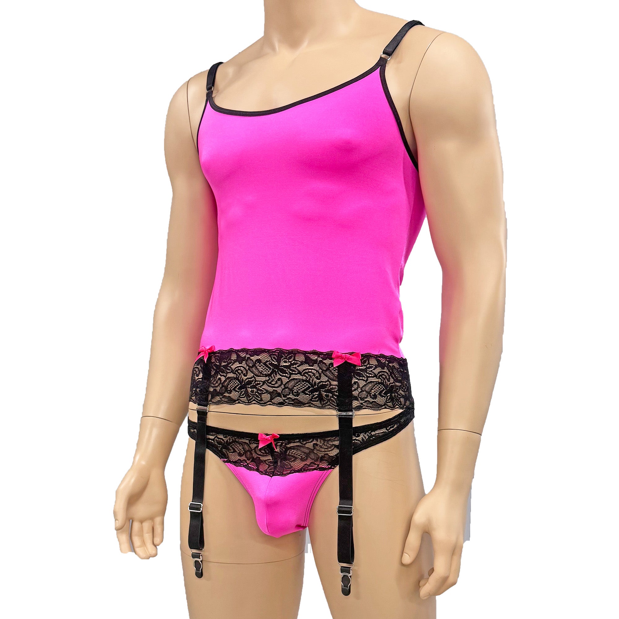 Mens Joanne Camisole Bustier Garter Top with Thong & Stockings - Sizes up to 3XL Hot Pink and Black Lace
