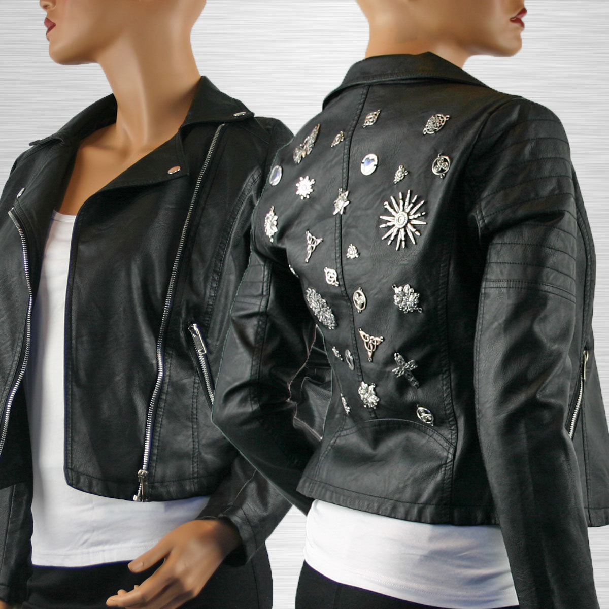 Krissy Re-Designed Faux Leather Biker Jacket with Metal Embellishments