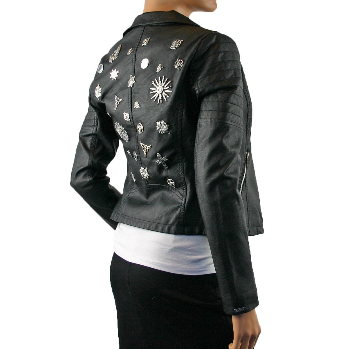 Krissy Re-Designed Faux Leather Biker Jacket with Metal Embellishments