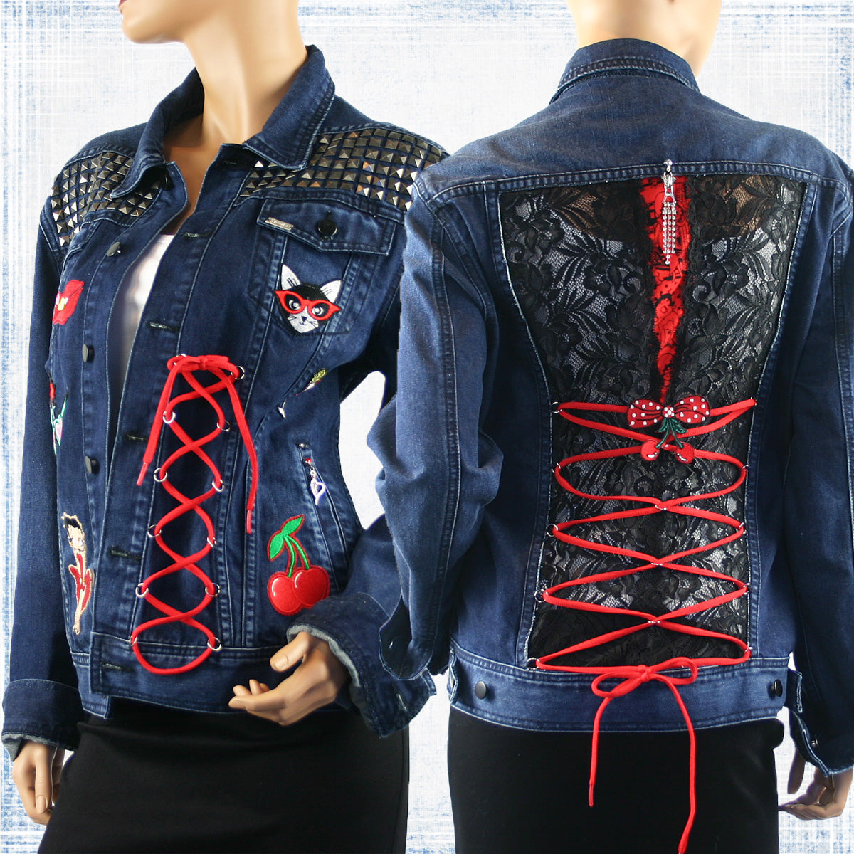 Lexie Re-Designed Retro Denim Jacket with Lace, Patches, Sexy Lacing & Distressed Look