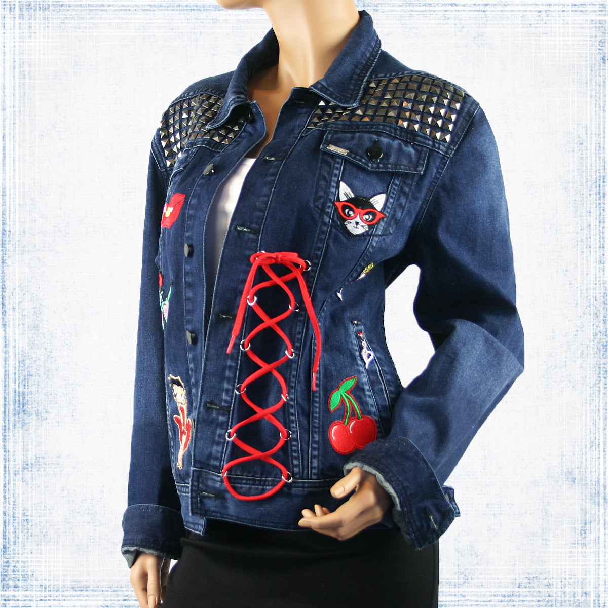Lexie Re-Designed Retro Denim Jacket with Lace, Patches, Sexy Lacing & Distressed Look