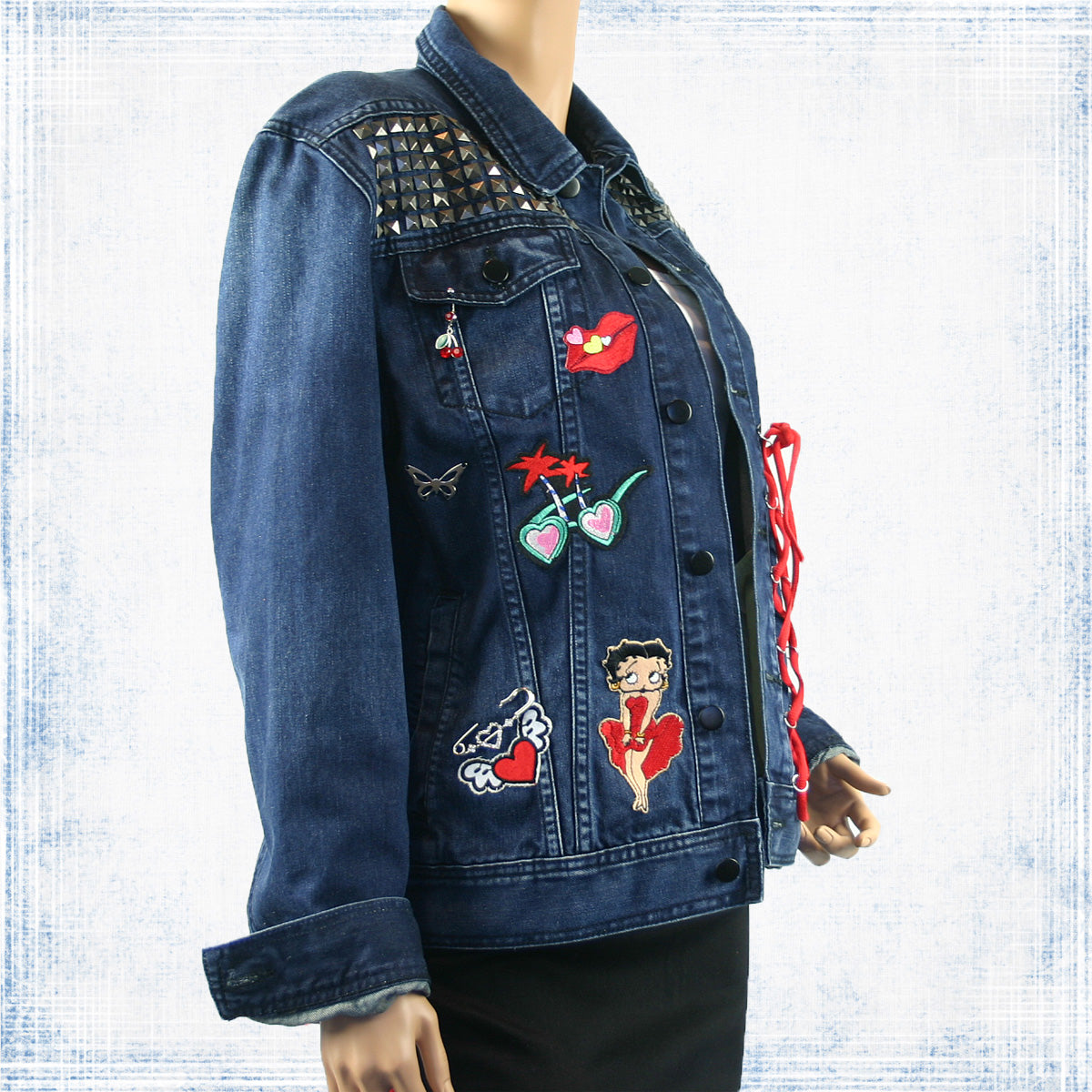 Lexie Re-Designed Retro Denim Jacket with Lace, Patches, Sexy Lacing & Distressed Look