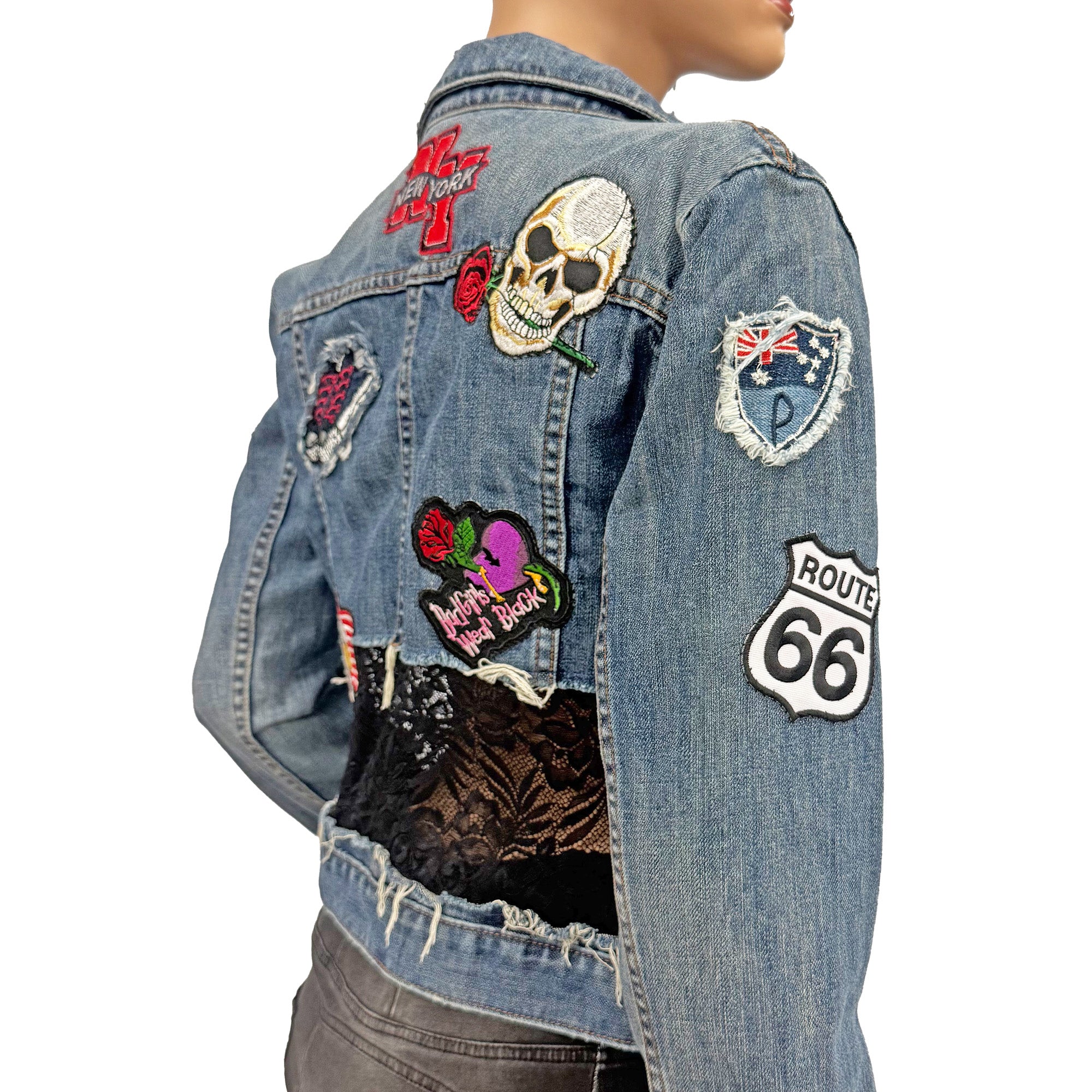 Nikki Re-Designed Denim Jacket with Lace, Patches & Distressed Look