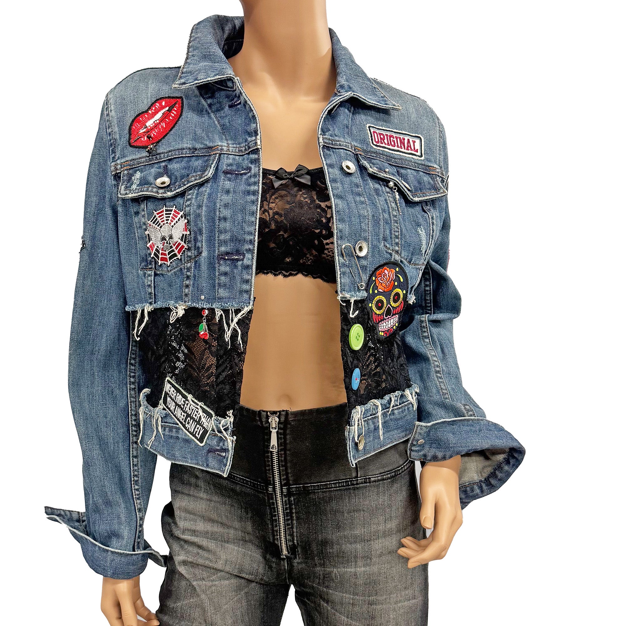 Nikki Re-Designed Denim Jacket with Lace, Patches & Distressed Look