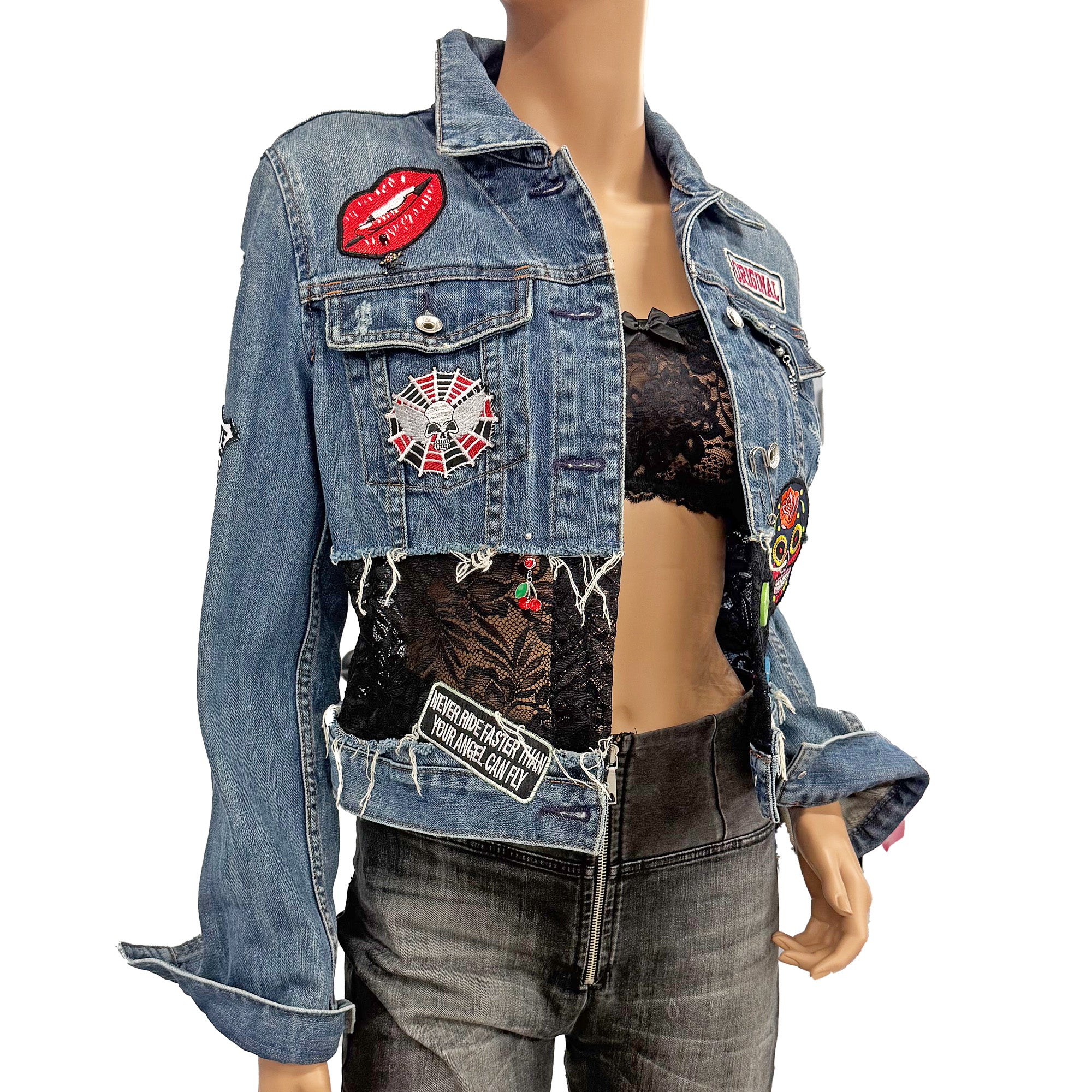 Nikki Re-Designed Denim Jacket with Lace, Patches & Distressed Look