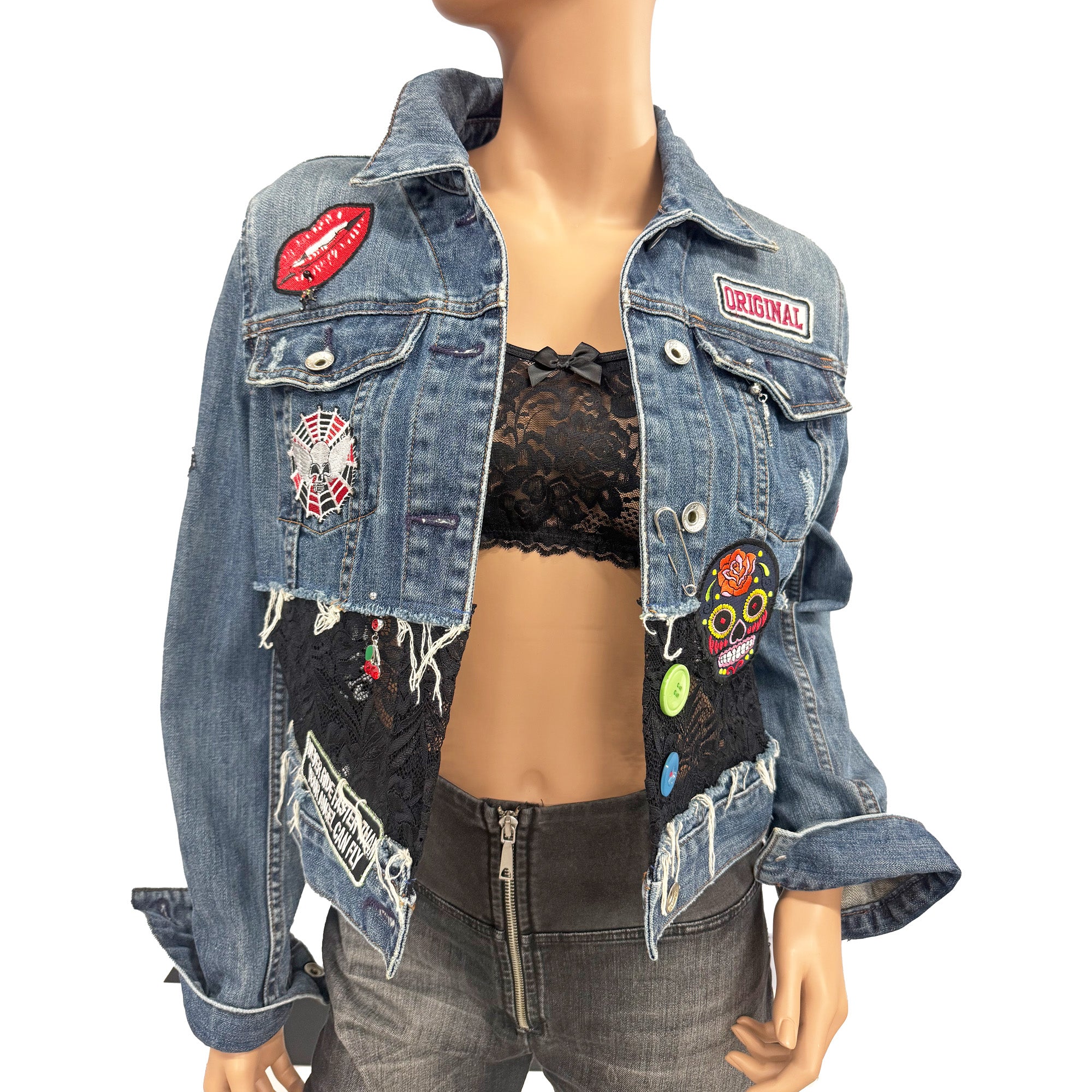 Nikki Re-Designed Denim Jacket with Lace, Patches & Distressed Look