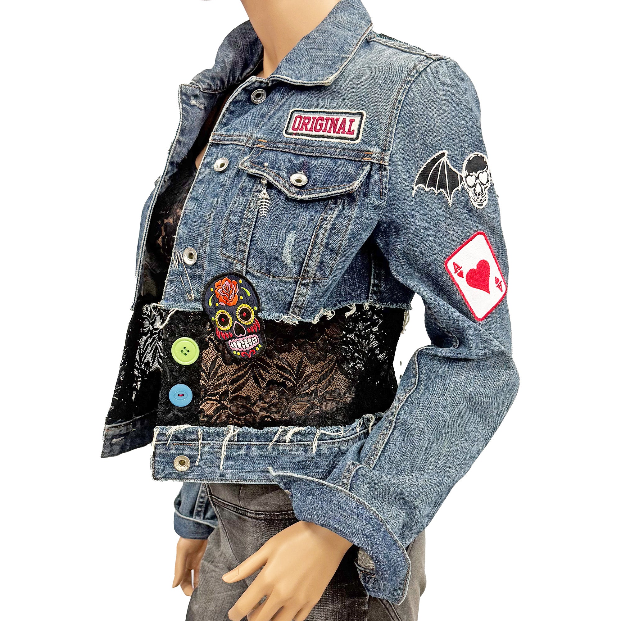 Nikki Re-Designed Denim Jacket with Lace, Patches & Distressed Look