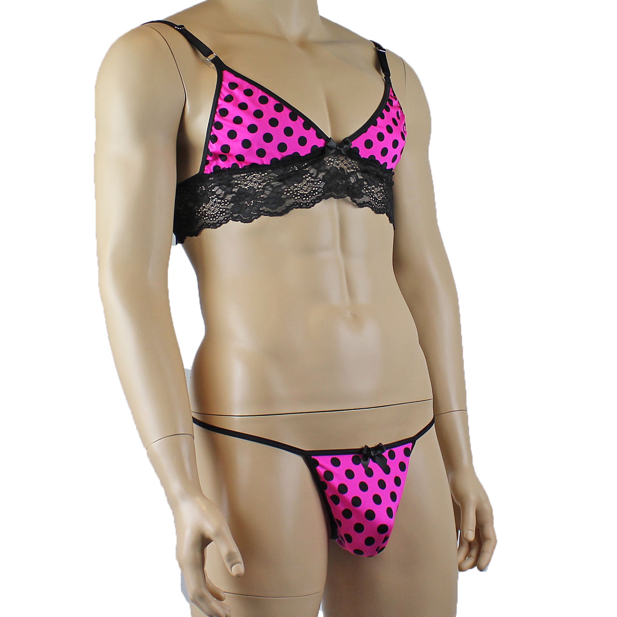 Mens Pink Polka Dot Lace Bra Top with Matching Polka G string