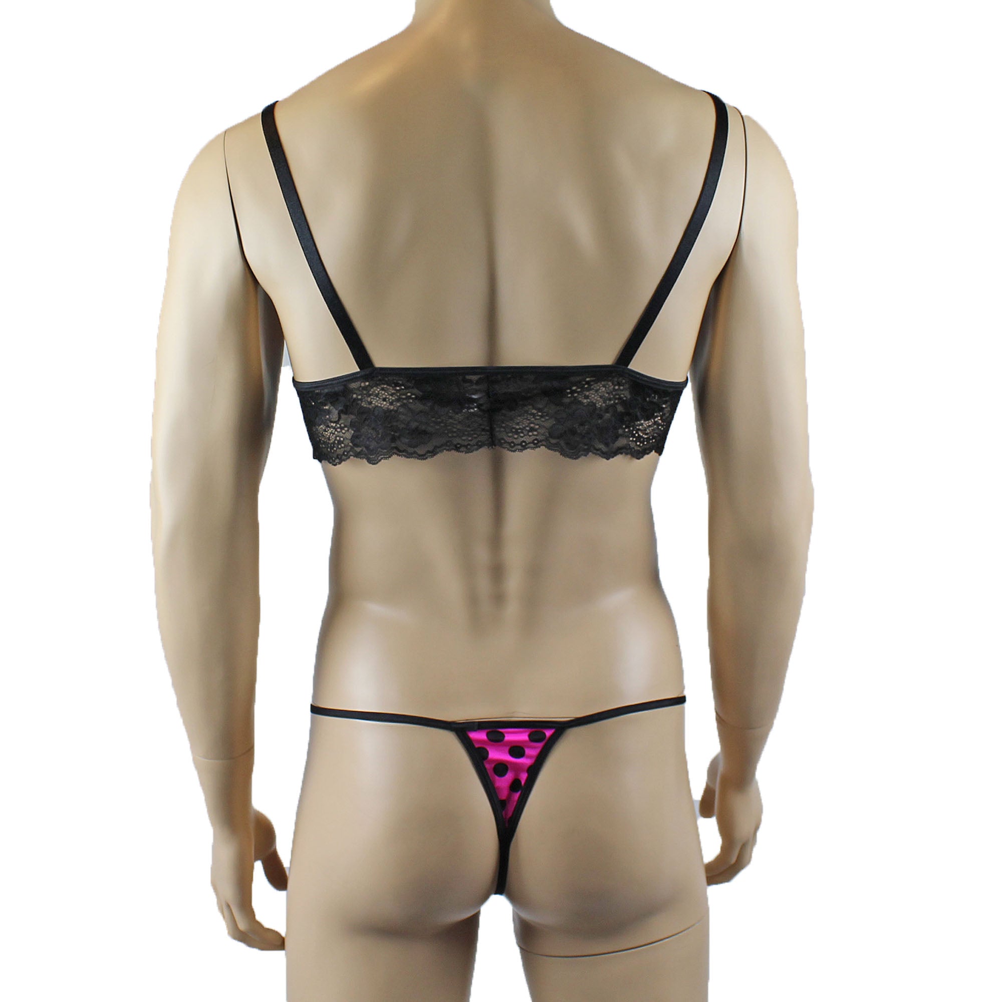 Mens Pink Polka Dot Lace Bra Top with Matching Polka G string