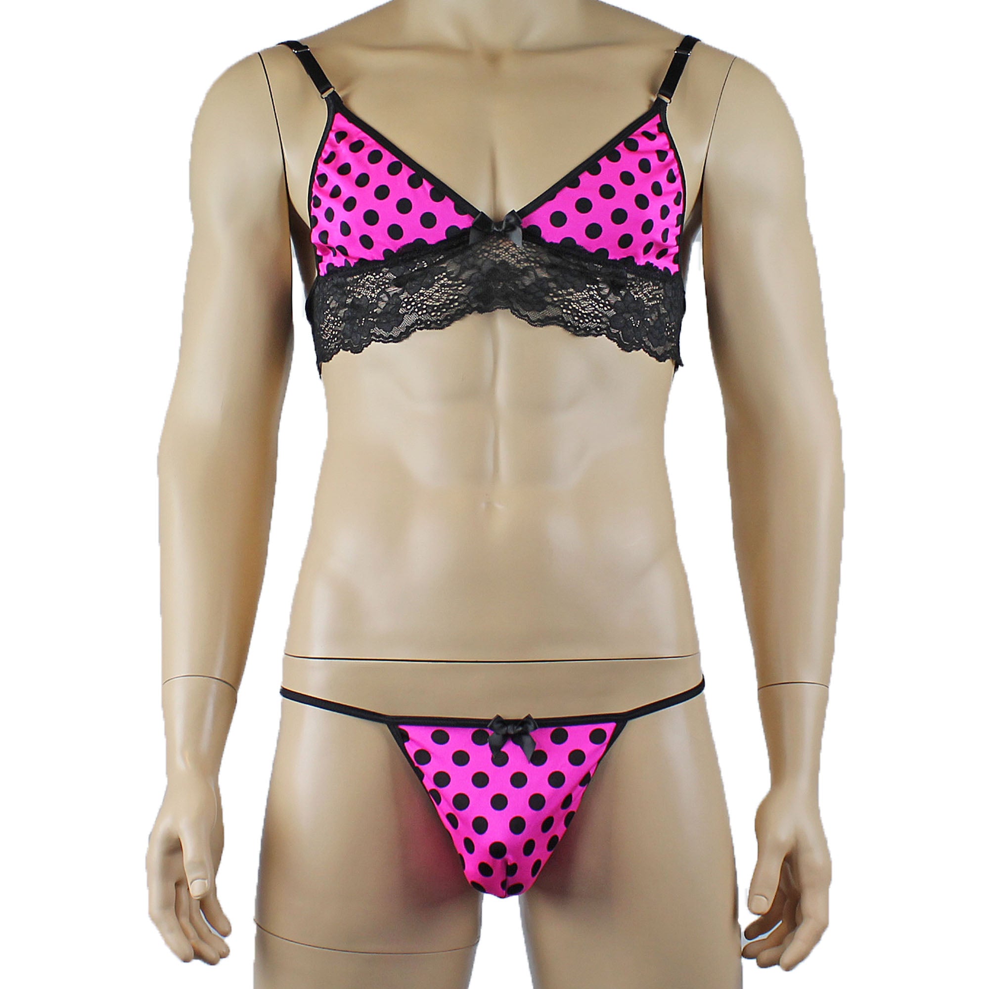Mens Pink Polka Dot Lace Bra Top with Matching Polka G string