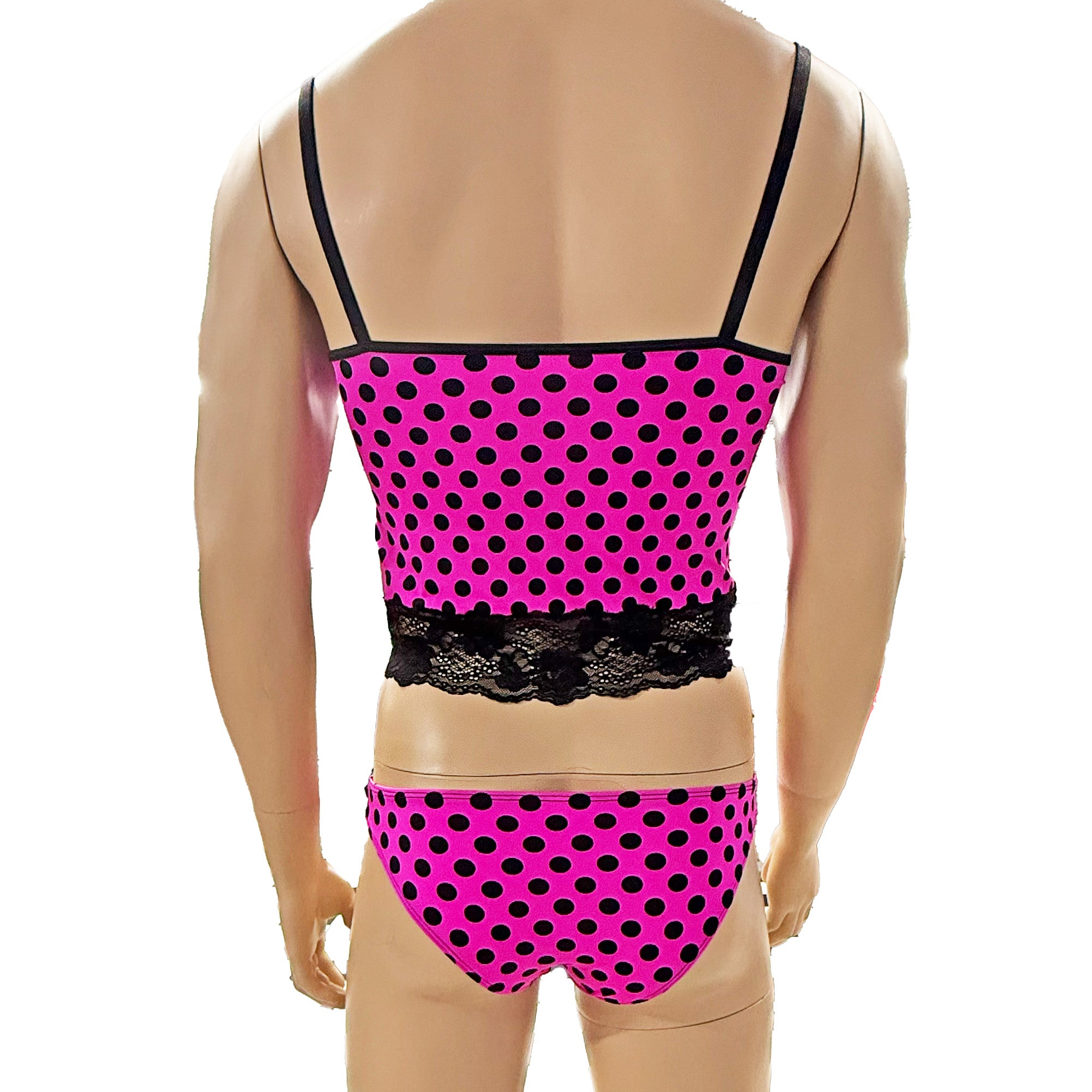 Mens Hot Pink Polka Dot & Lace Camisole Top & Seamless Bikini Brief