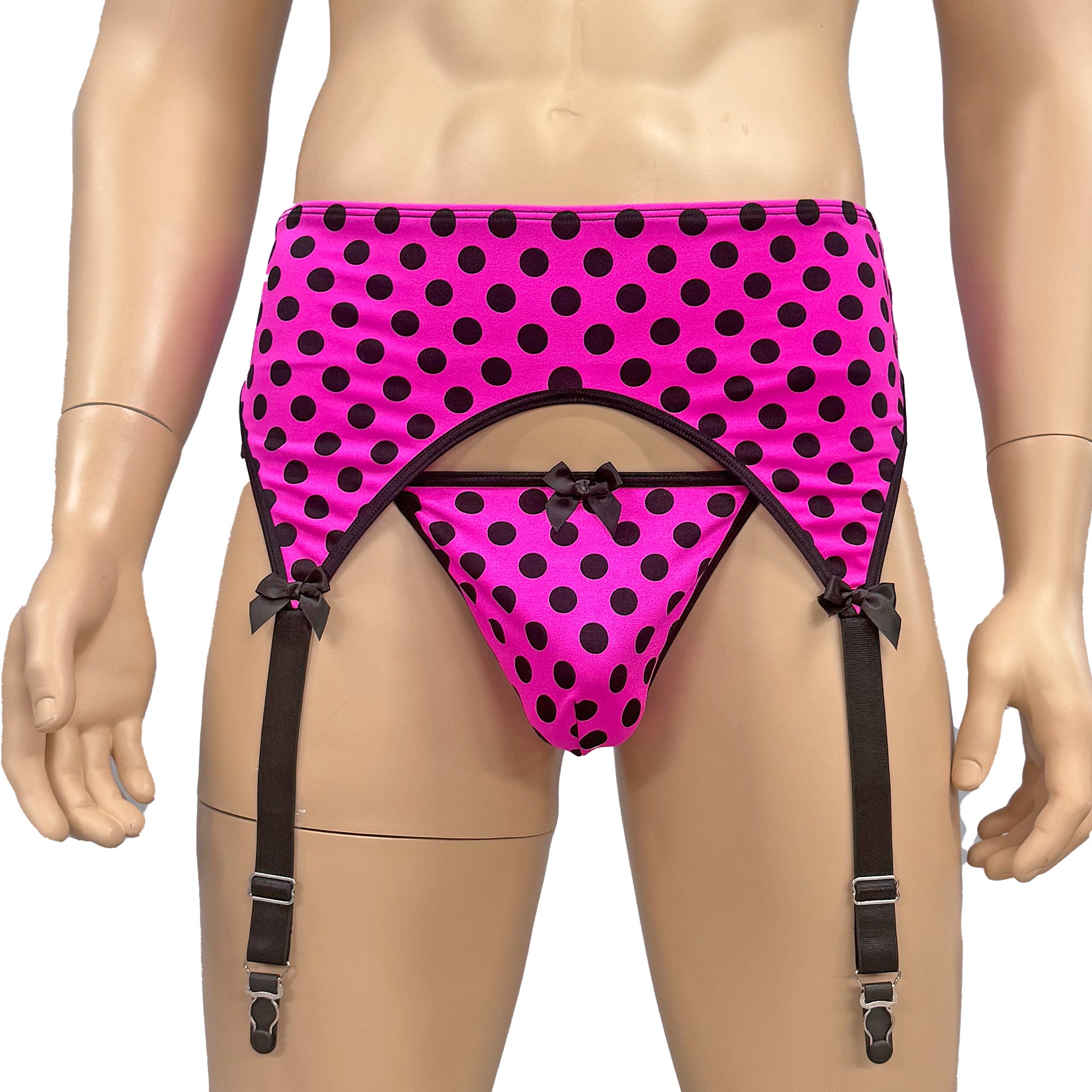 Mens Hot Pink Polka Dot with Black Lace Camisole Top with G string & Garterbelt