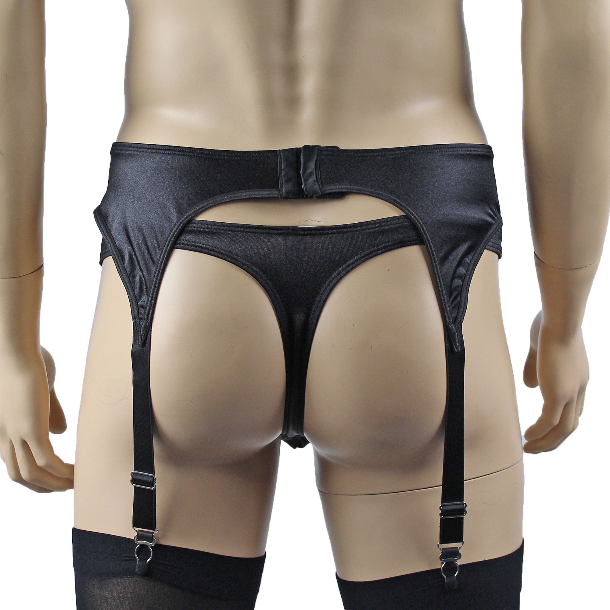 Male Romance Stretch Spandex Bra, G string Thong & Garterbelt Black