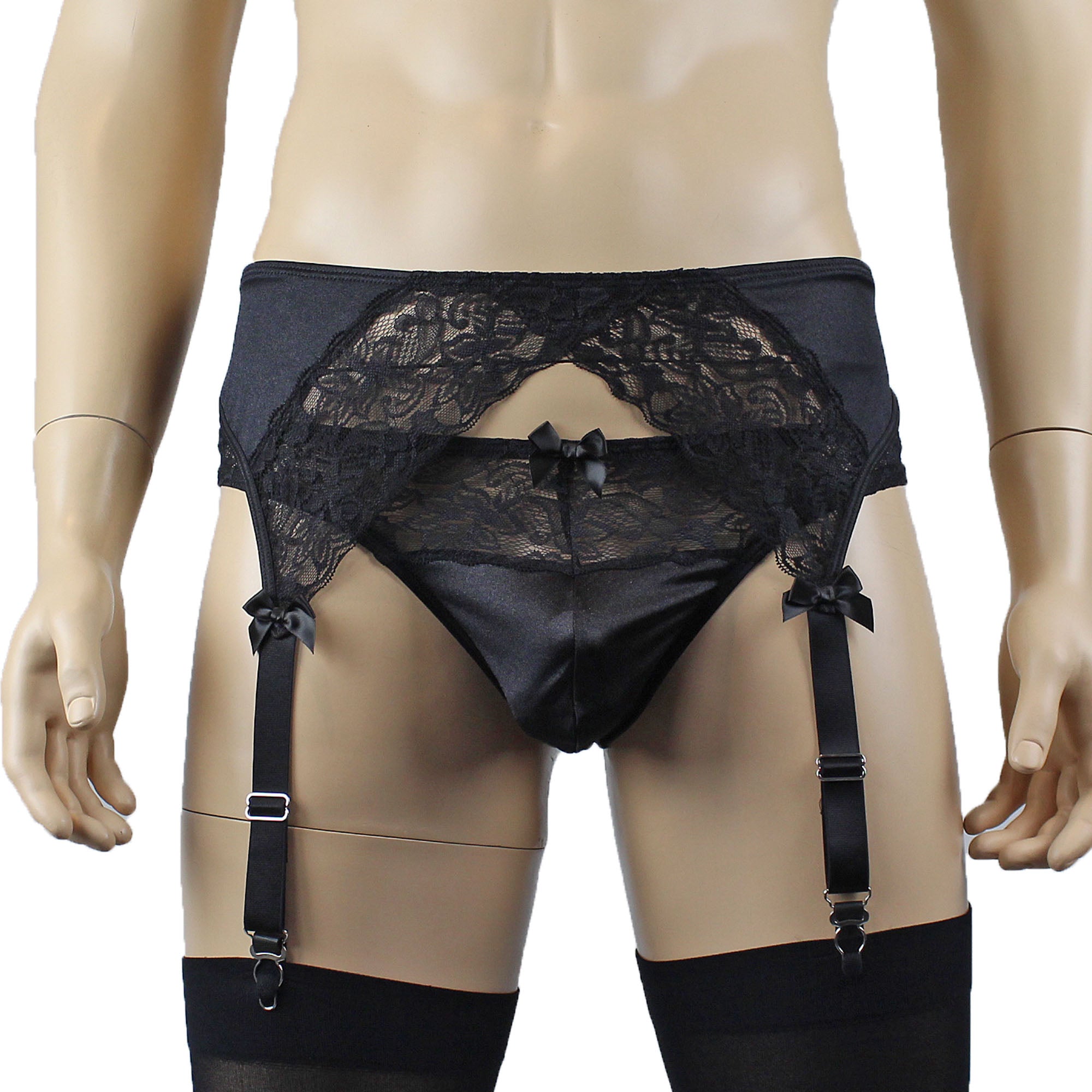 Male Romance Stretch Spandex G string Thong & Garterbelt Black or White