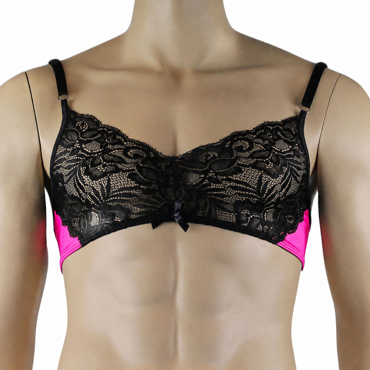 Mens Risque Bra Top with Wide Floral Lace Neon Pink & Black Lace