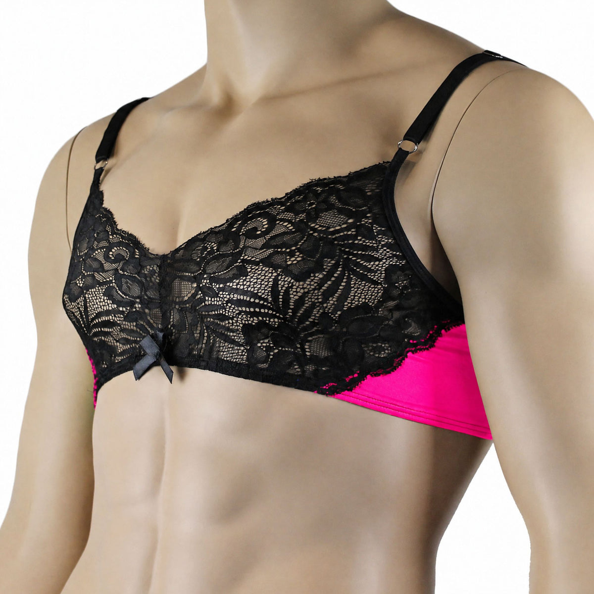Mens Risque Bra Top with Wide Floral Lace Neon Pink & Black Lace