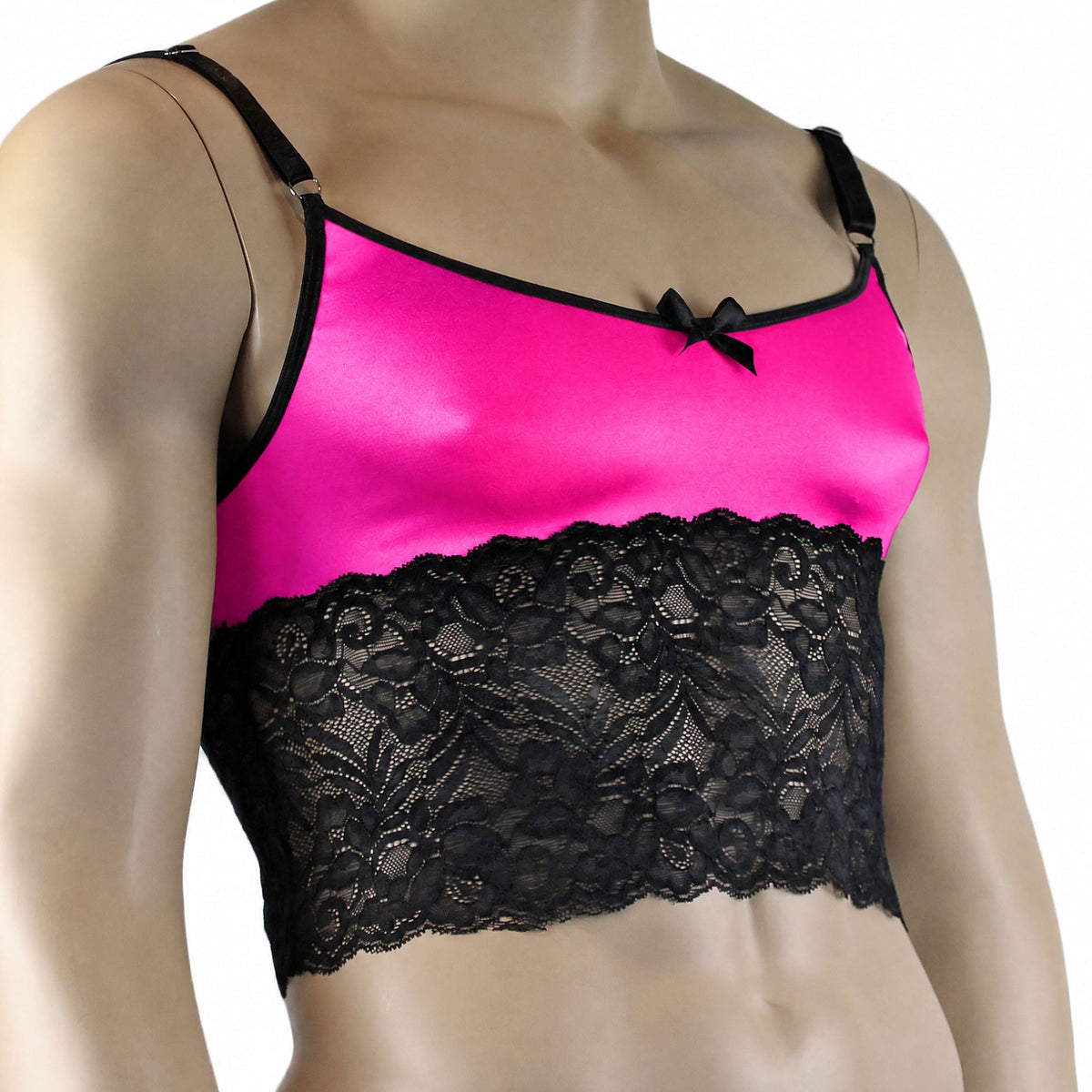 Mens Risque Camisole Bra Top with Wide Lace Trim Neon Pink & Black