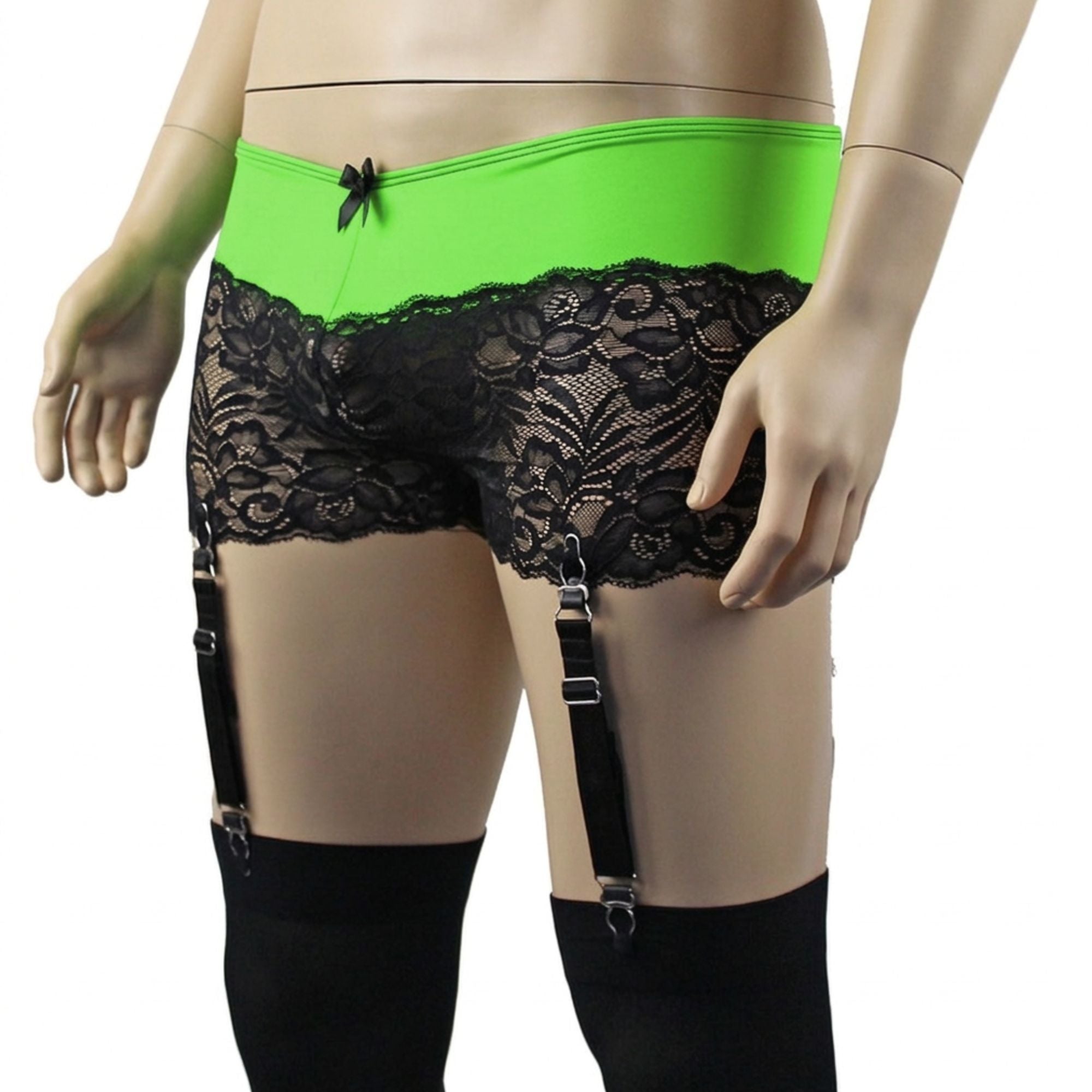 Mens Risque Boxer Briefs with Detachable Garters & Stockings Neon Green and Black Lace