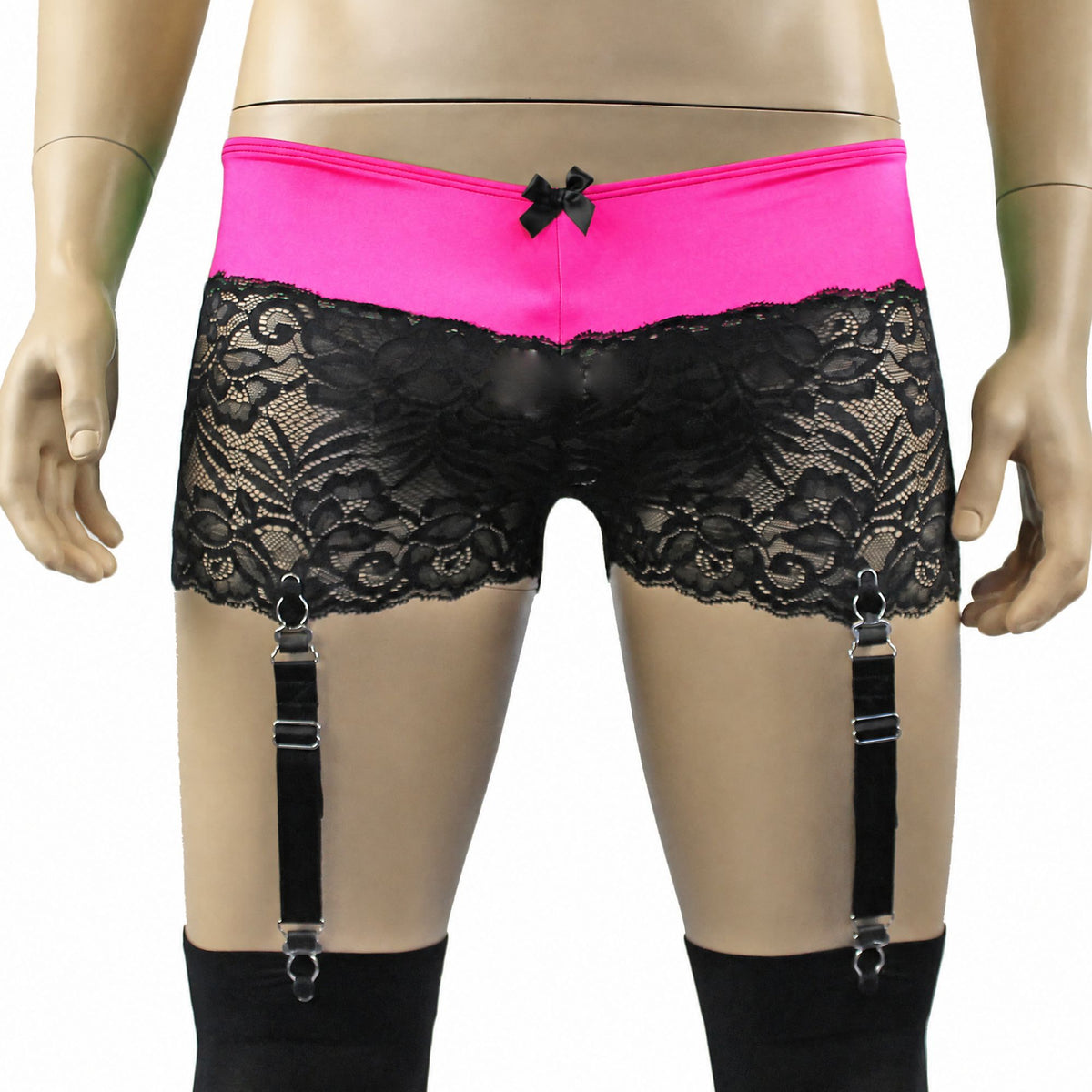 Mens Risque Camisole Top Boxer Briefs with Garters Neon Pink & Black Lace