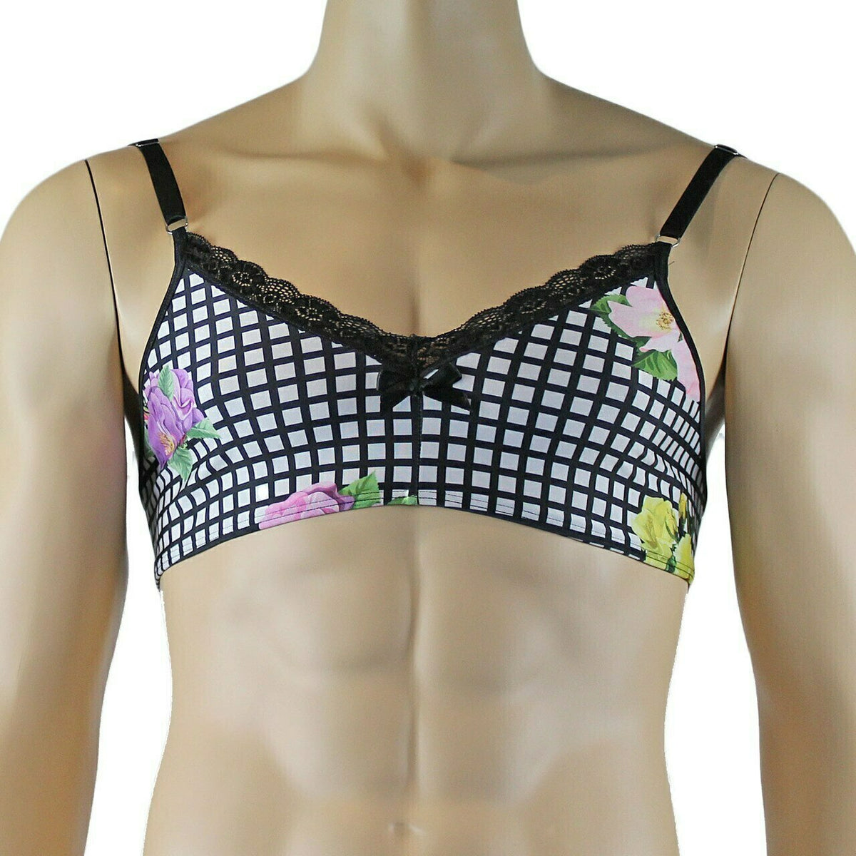 Mens Diana Bra Top & Brief in a Pretty Flower Checkered Print Spandex