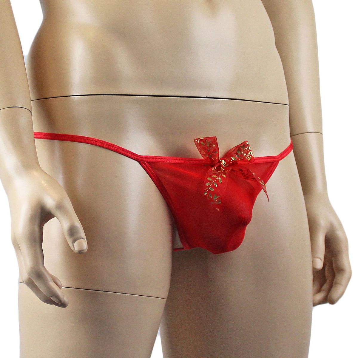 Mens Xmas Mesh Pouch G string with Sheer Christmas Decoration Bow Red