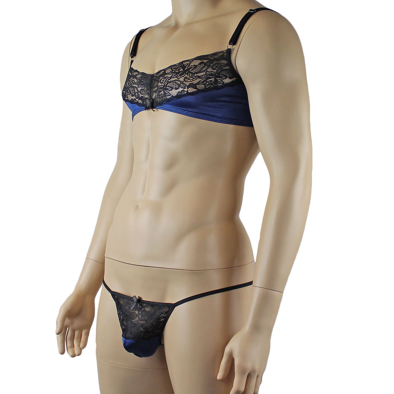 Mens Glamour Bra Top and Pouch G string with Lace Trim (navy & black plus other colours)