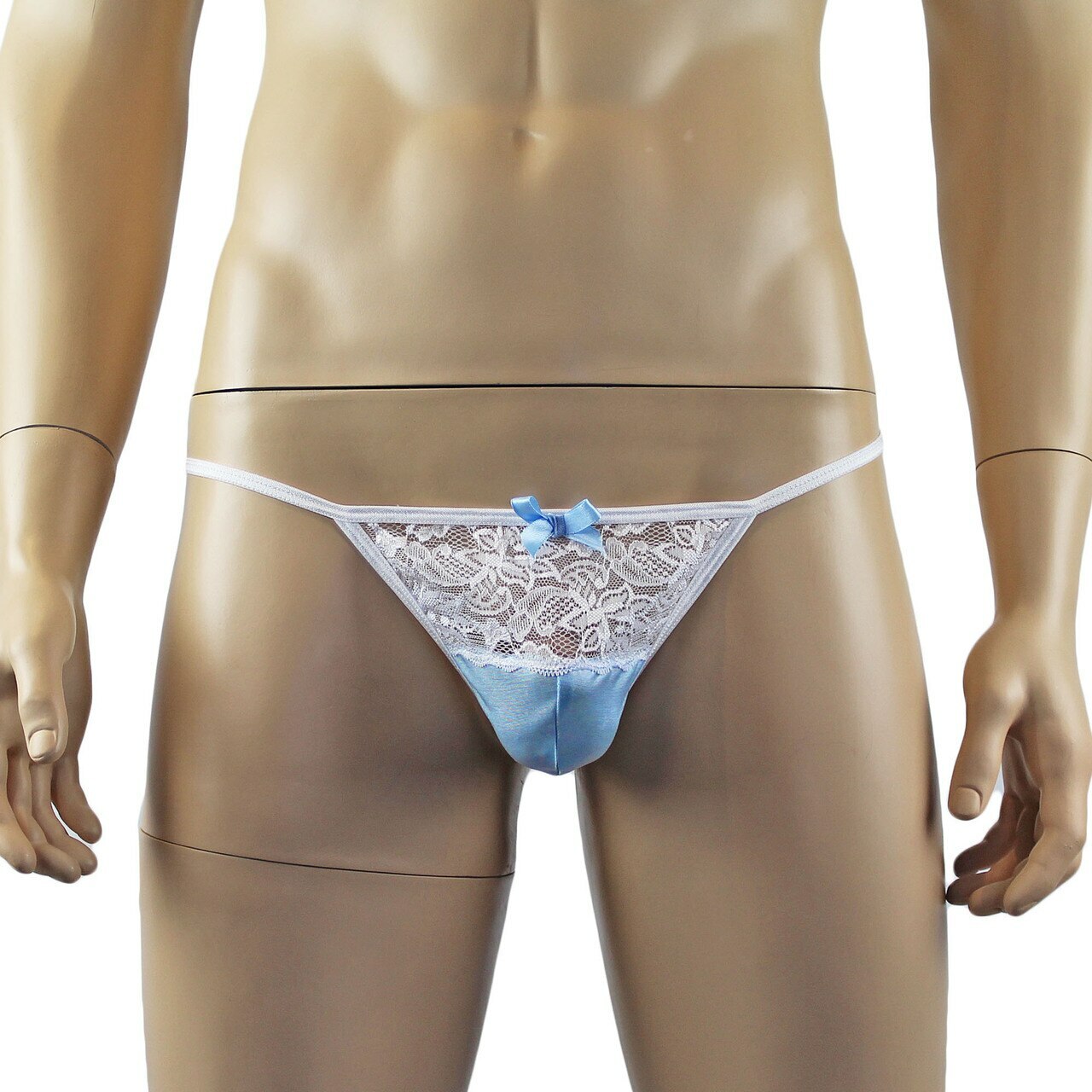 Mens Joanne Camisole Bustier Garter Top with Pouch G string & Stockings - Sizes up to 3XL Light Blue and White Lace