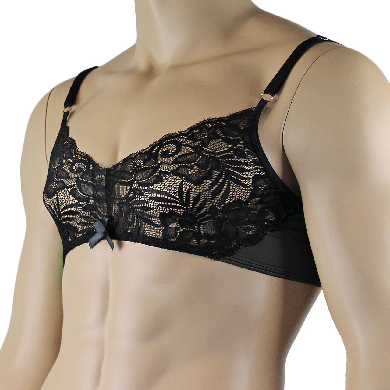 Mens Risque Bra Top with Wide Floral Lace Black & Black Lace