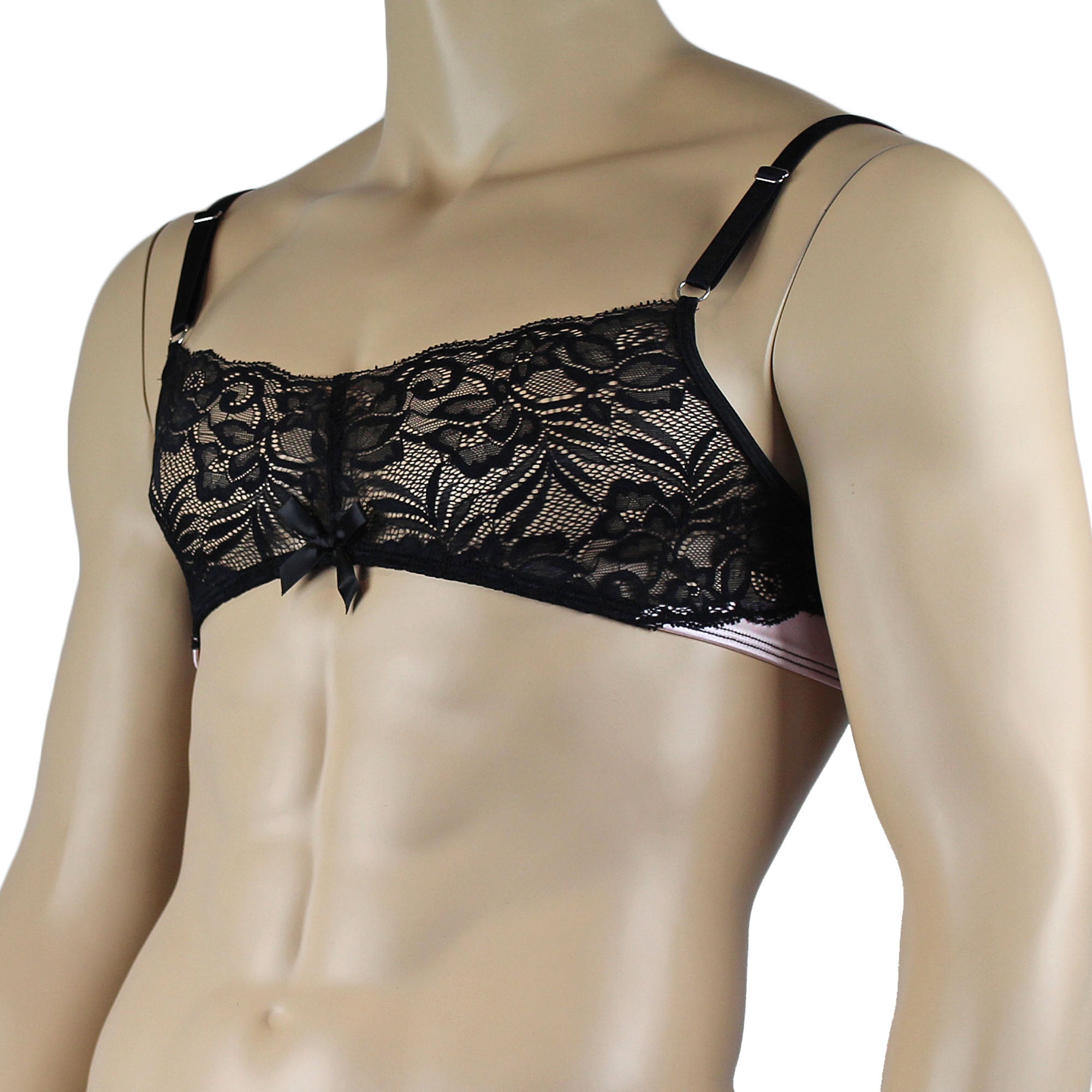 Mens Risque Bra Top with Wide Floral Lace Light Pink & Black Lace