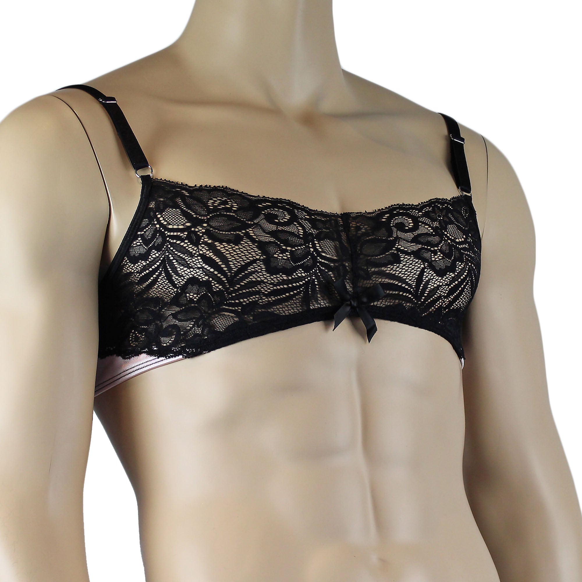 Mens Risque Bra Top with Wide Floral Lace Light Pink & Black Lace