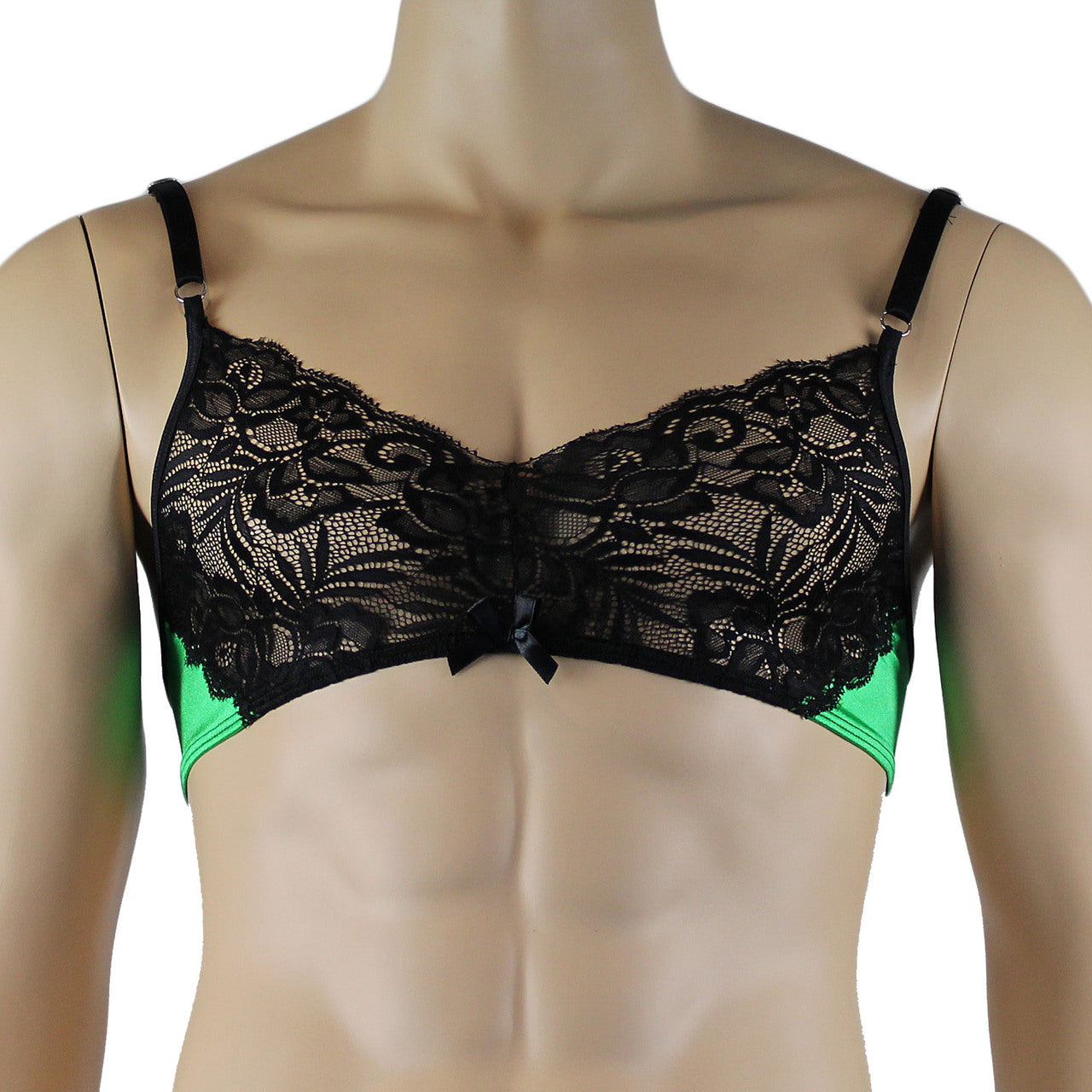 Mens Risque Bra Top with Wide Floral Lace Green & Black Lace
