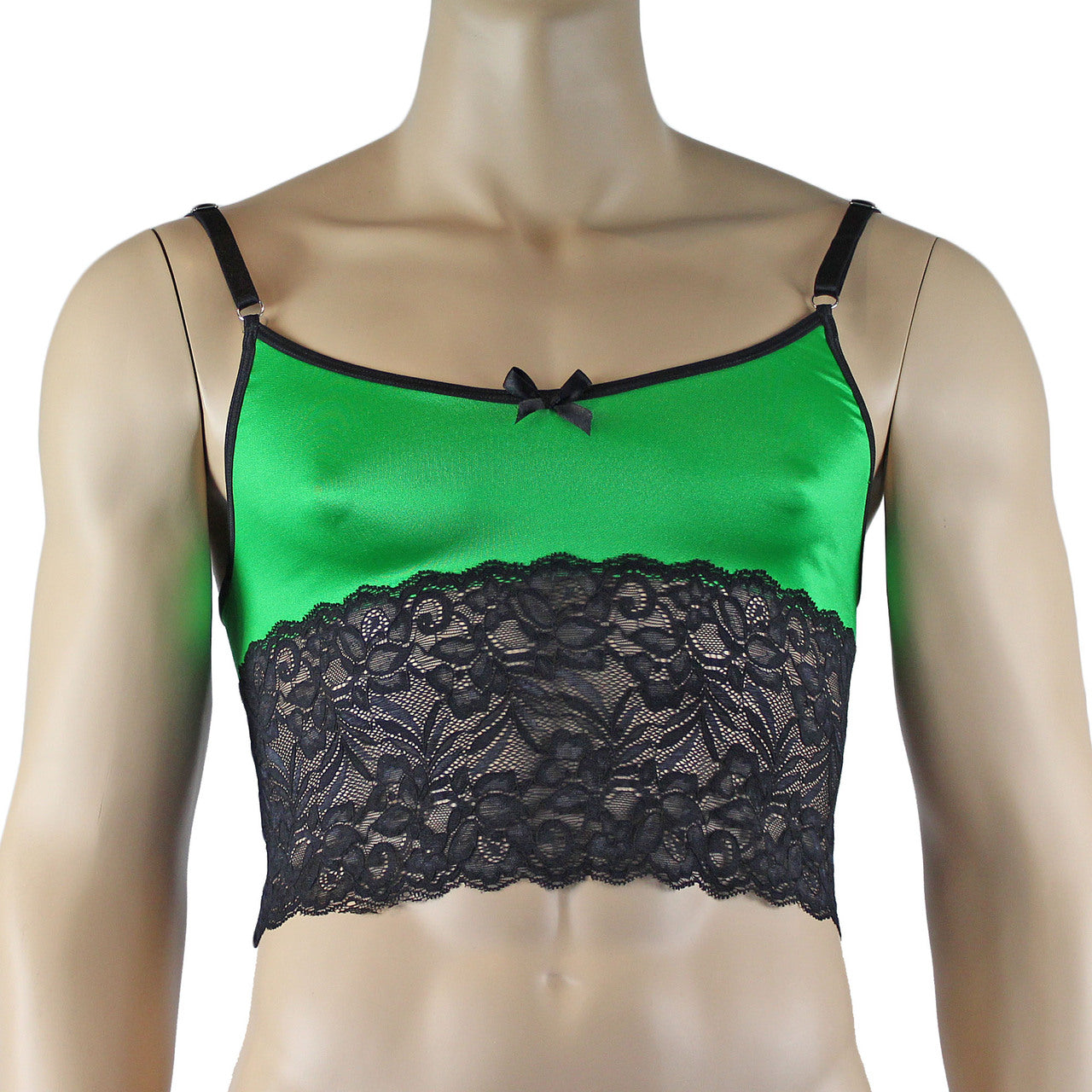 Mens Risque Camisole Bra Top with Wide Lace Trim (green and black lace plus other colours)
